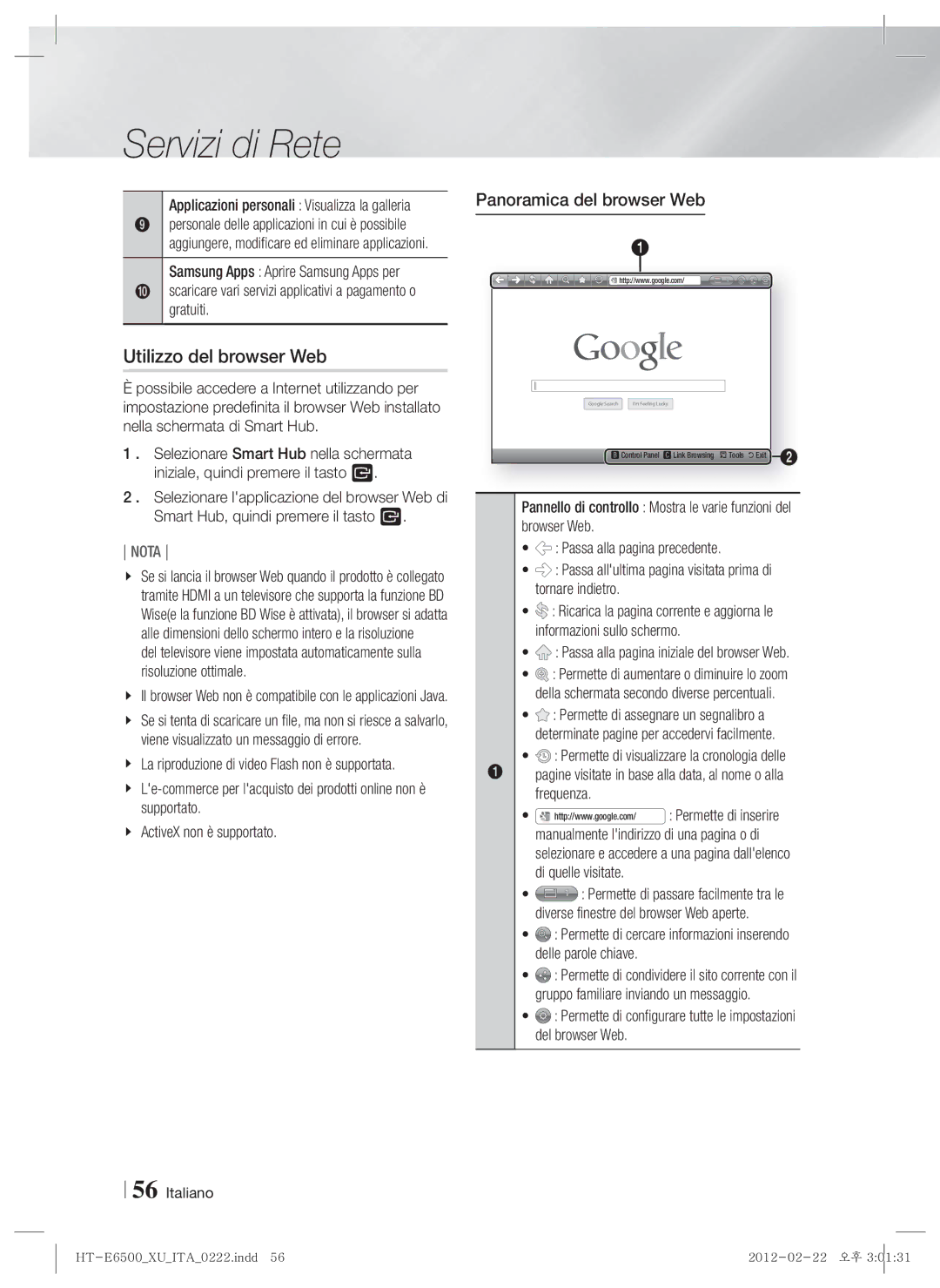 Samsung HT-E6500/XE manual Utilizzo del browser Web, Panoramica del browser Web, Passa alla pagina iniziale del browser Web 