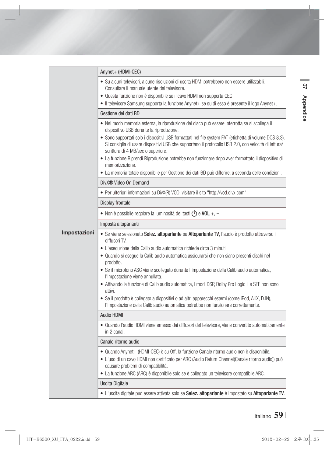 Samsung HT-E6500/XE, HT-E6500/XN, HT-E6500/EN manual Impostazioni, Appendice Italiano 