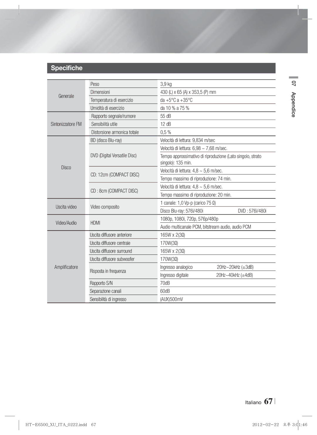 Samsung HT-E6500/EN, HT-E6500/XN, HT-E6500/XE manual Specifiche, Peso, Video composito, Disco Blu-ray 576i/480i 