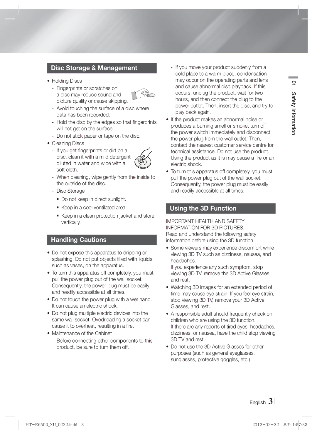 Samsung HT-E6500/XN, HT-E6500/EN manual Disc Storage & Management, Handling Cautions, Using the 3D Function, Holding Discs 