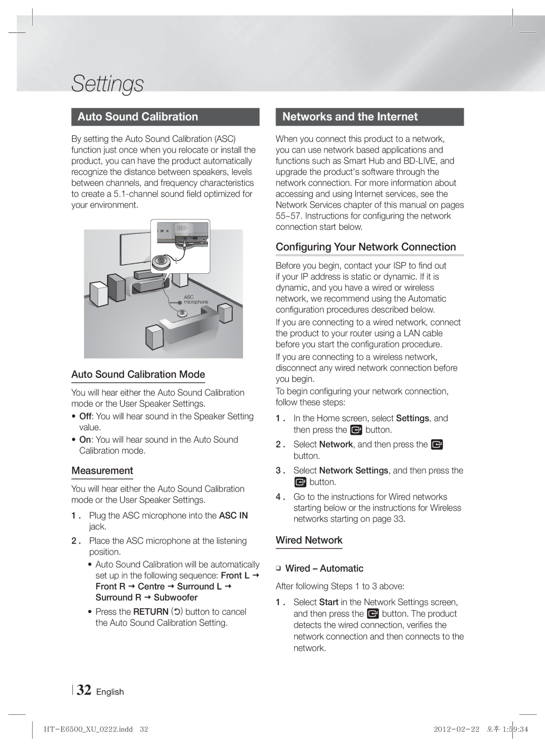 Samsung HT-E6500/XE manual Configuring Your Network Connection, Auto Sound Calibration Mode, Measurement, Wired Network 