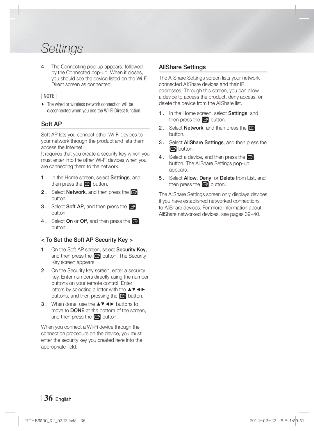 Samsung HT-E6500/XN, HT-E6500/EN, HT-E6500/XE manual AllShare Settings, To Set the Soft AP Security Key 