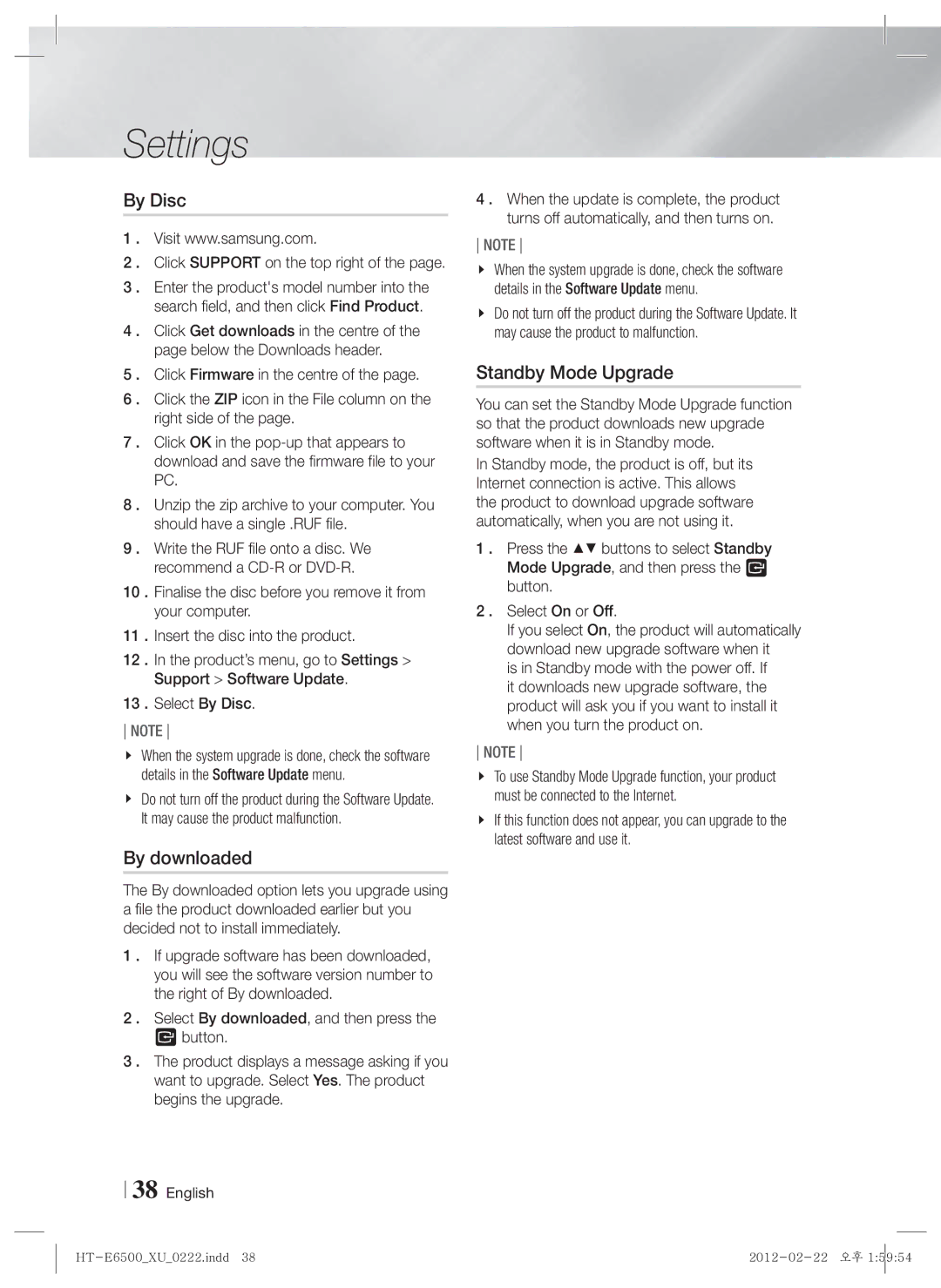 Samsung HT-E6500/XE, HT-E6500/XN, HT-E6500/EN manual By Disc, By downloaded, Standby Mode Upgrade 