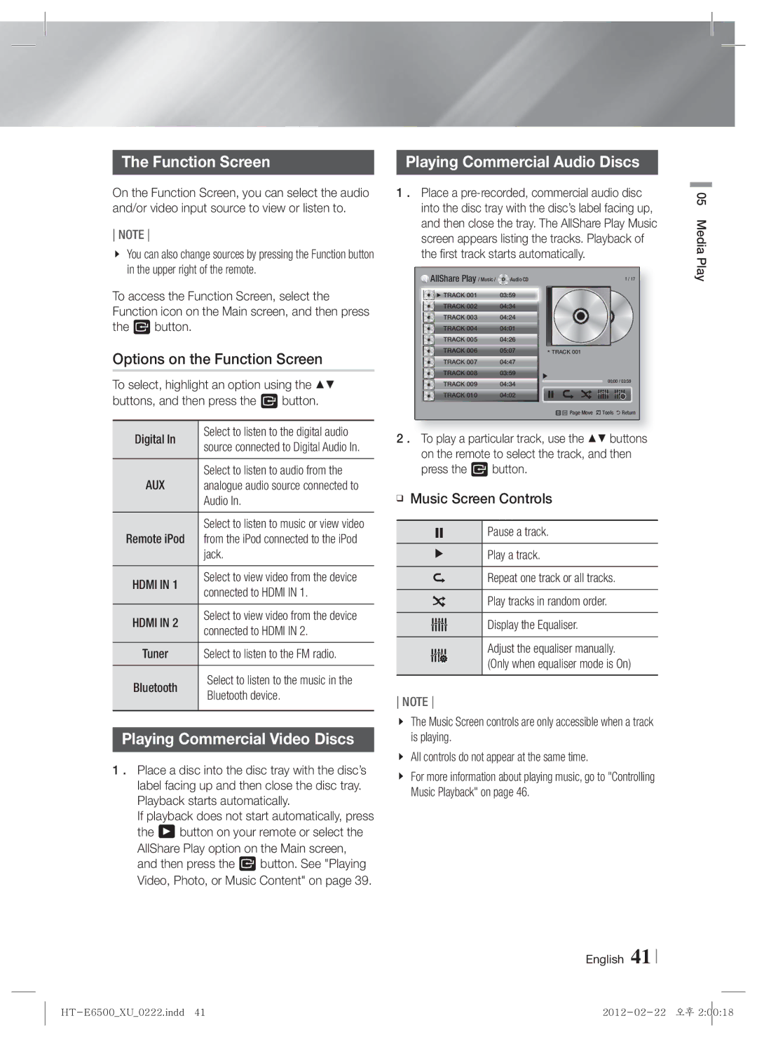 Samsung HT-E6500/XE Options on the Function Screen, Playing Commercial Audio Discs, Playing Commercial Video Discs 