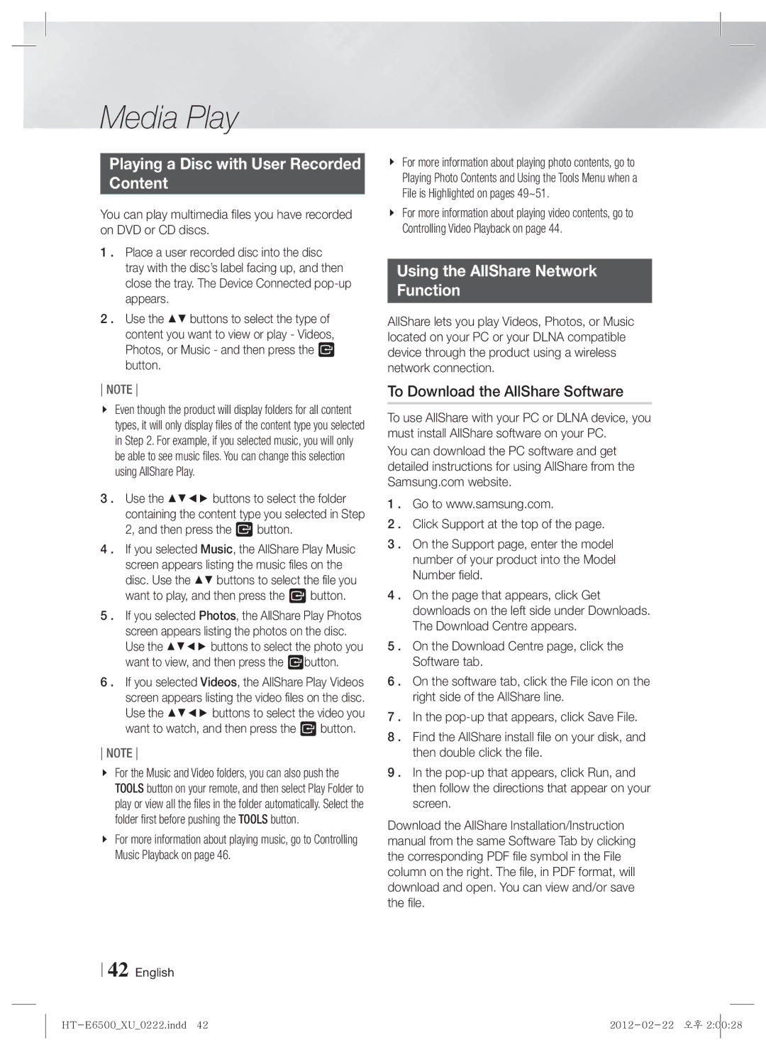 Samsung HT-E6500/XN, HT-E6500/EN manual Playing a Disc with User Recorded Content, Using the AllShare Network Function 