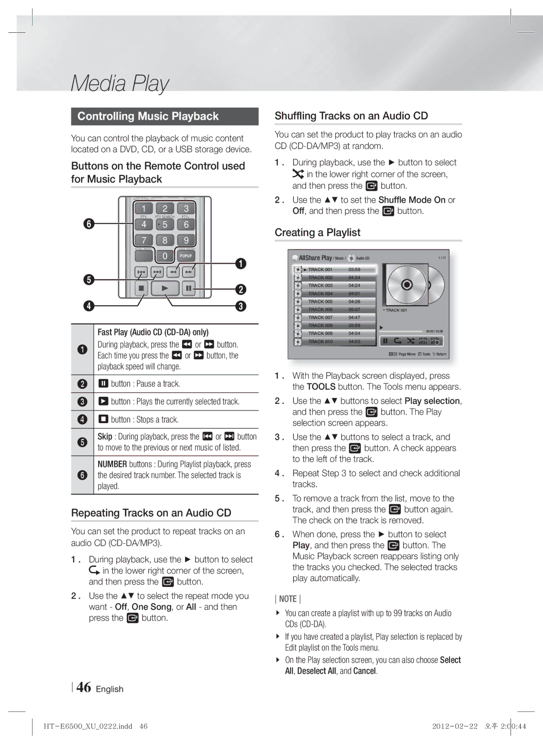 Samsung HT-E6500/EN Controlling Music Playback, Buttons on the Remote Control used for Music Playback, Creating a Playlist 