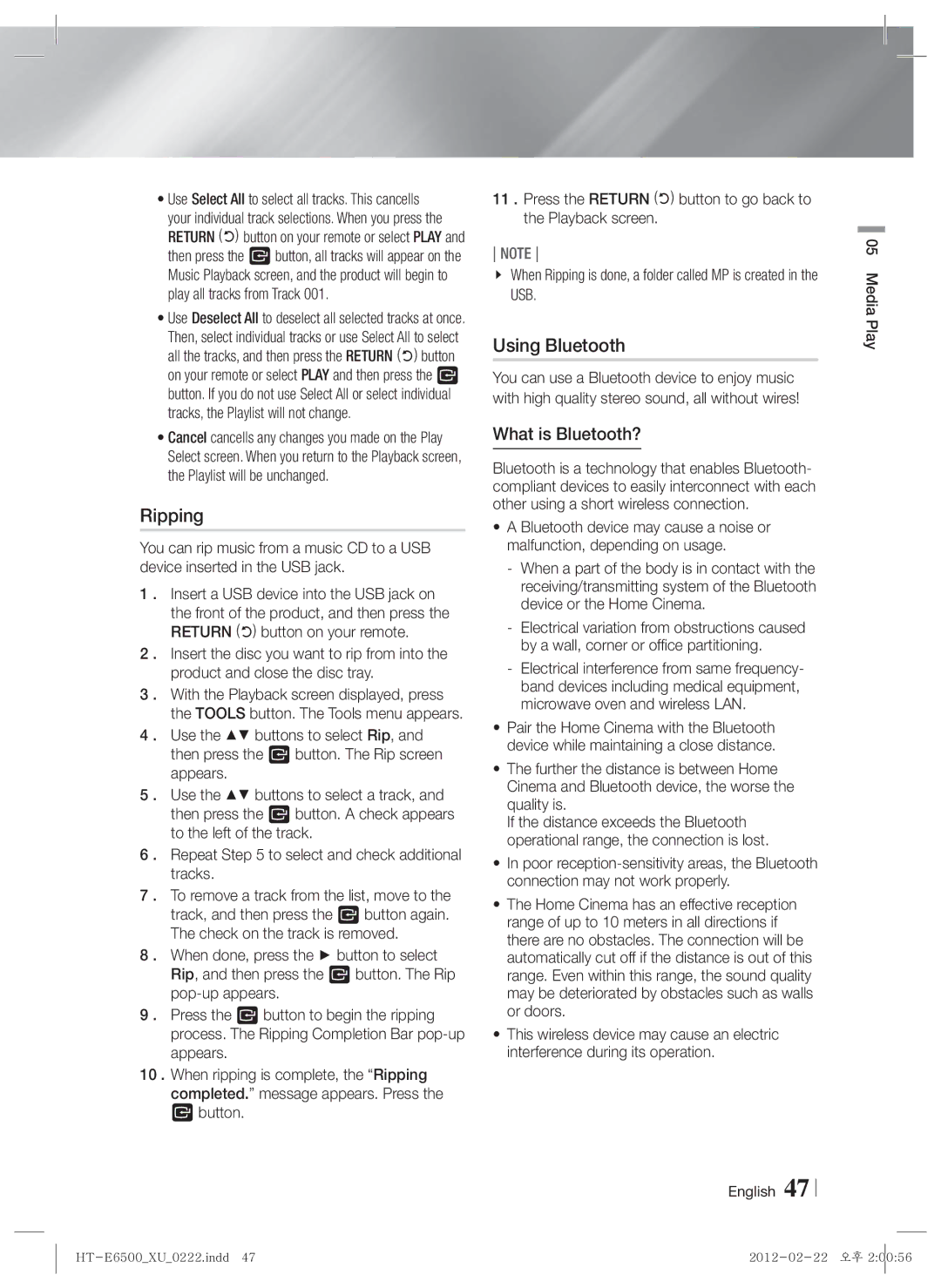 Samsung HT-E6500/XE, HT-E6500/XN, HT-E6500/EN manual Ripping, Using Bluetooth, What is Bluetooth?, Media Play English 