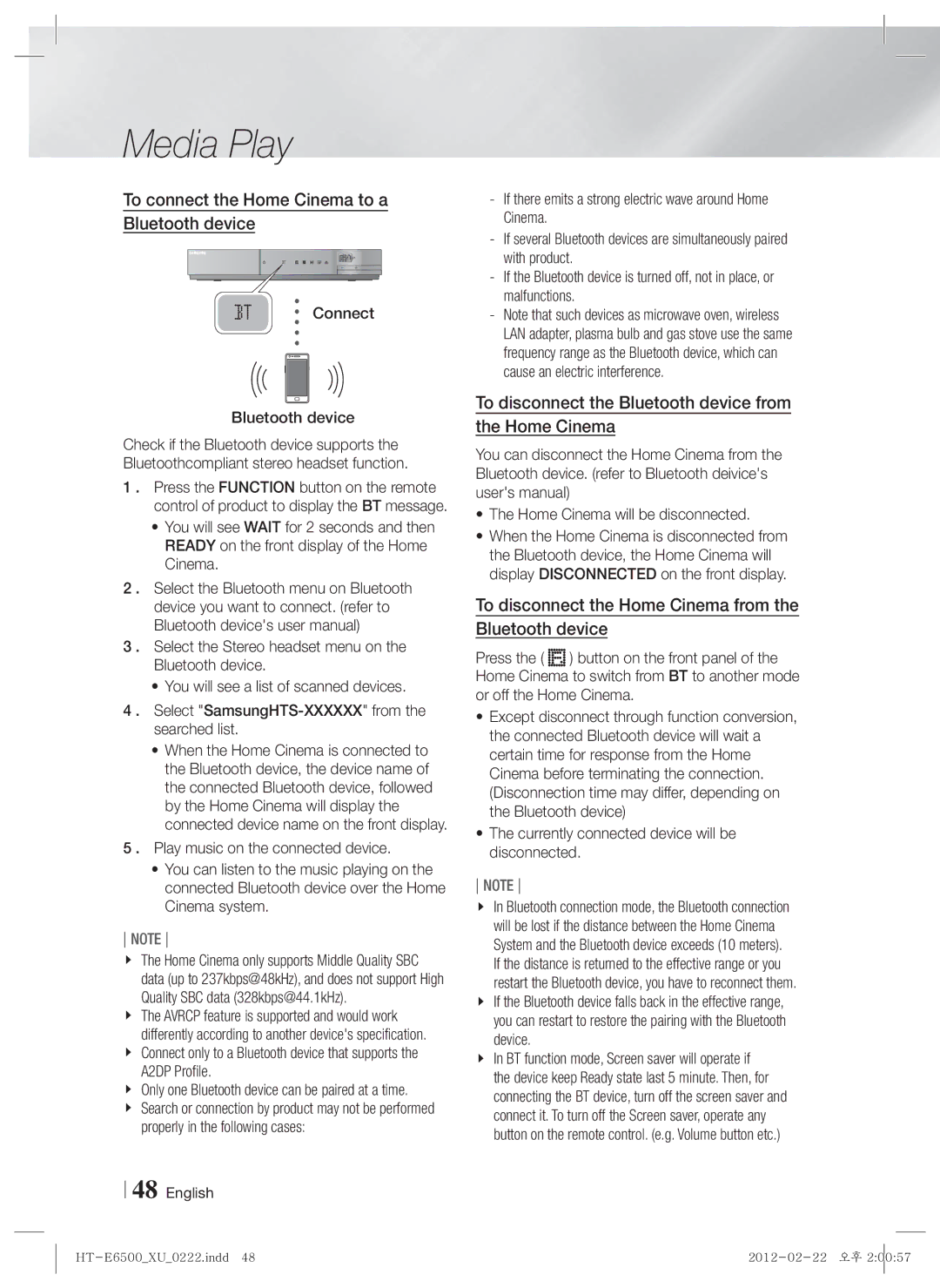 Samsung HT-E6500/XN, HT-E6500/EN, HT-E6500/XE To connect the Home Cinema to a Bluetooth device, Connect Bluetooth device 