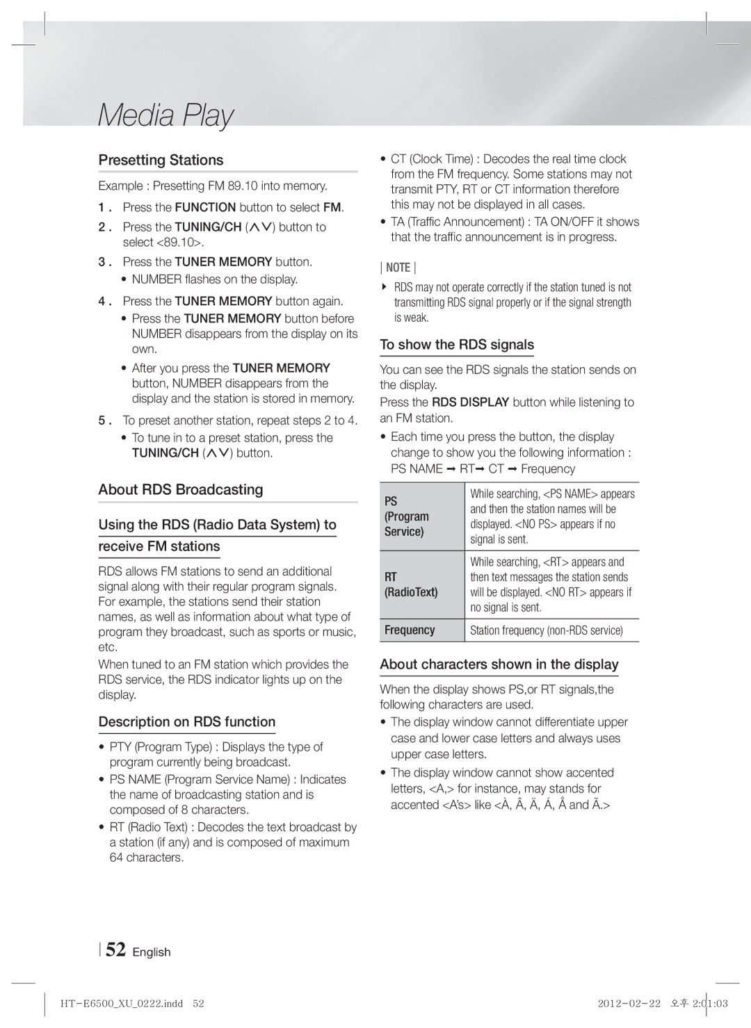 Samsung HT-E6500/EN, HT-E6500/XN, HT-E6500/XE manual Presetting Stations, About RDS Broadcasting 