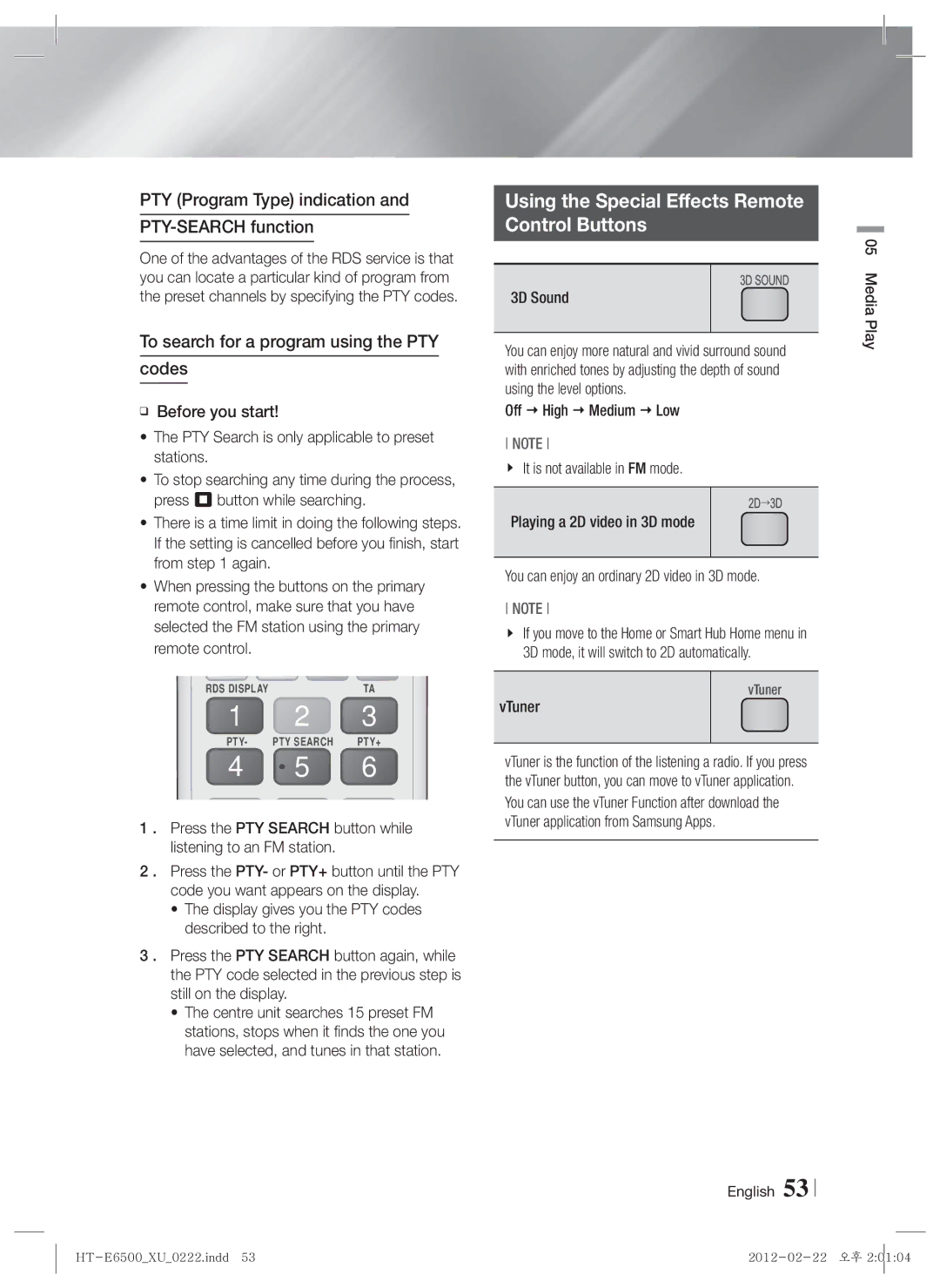 Samsung HT-E6500/XE Using the Special Effects Remote Control Buttons, PTY Program Type indication PTY-SEARCH function 