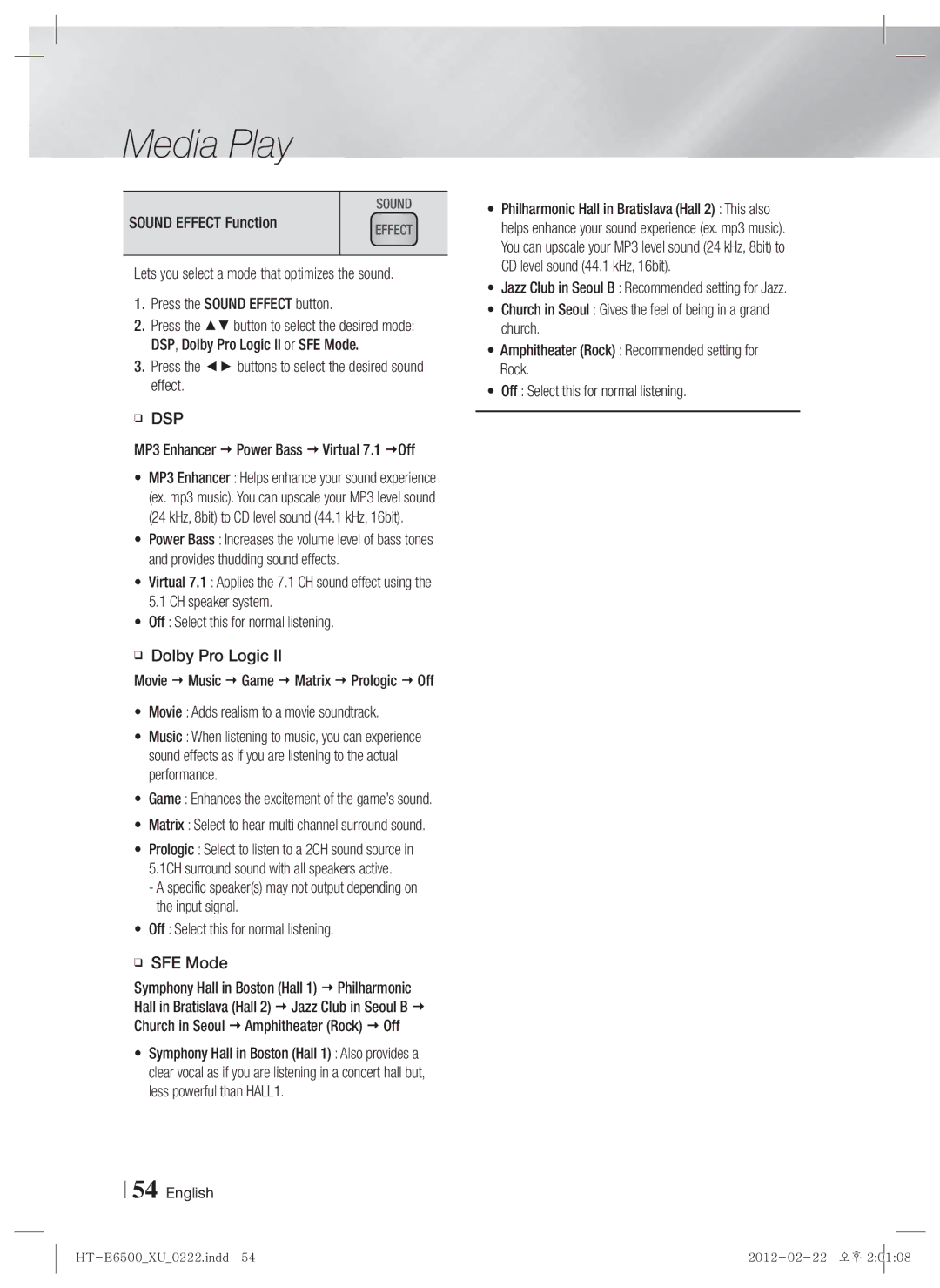 Samsung HT-E6500/XN, HT-E6500/EN manual Sound Effect Function, Press the buttons to select the desired sound effect, Dsp 