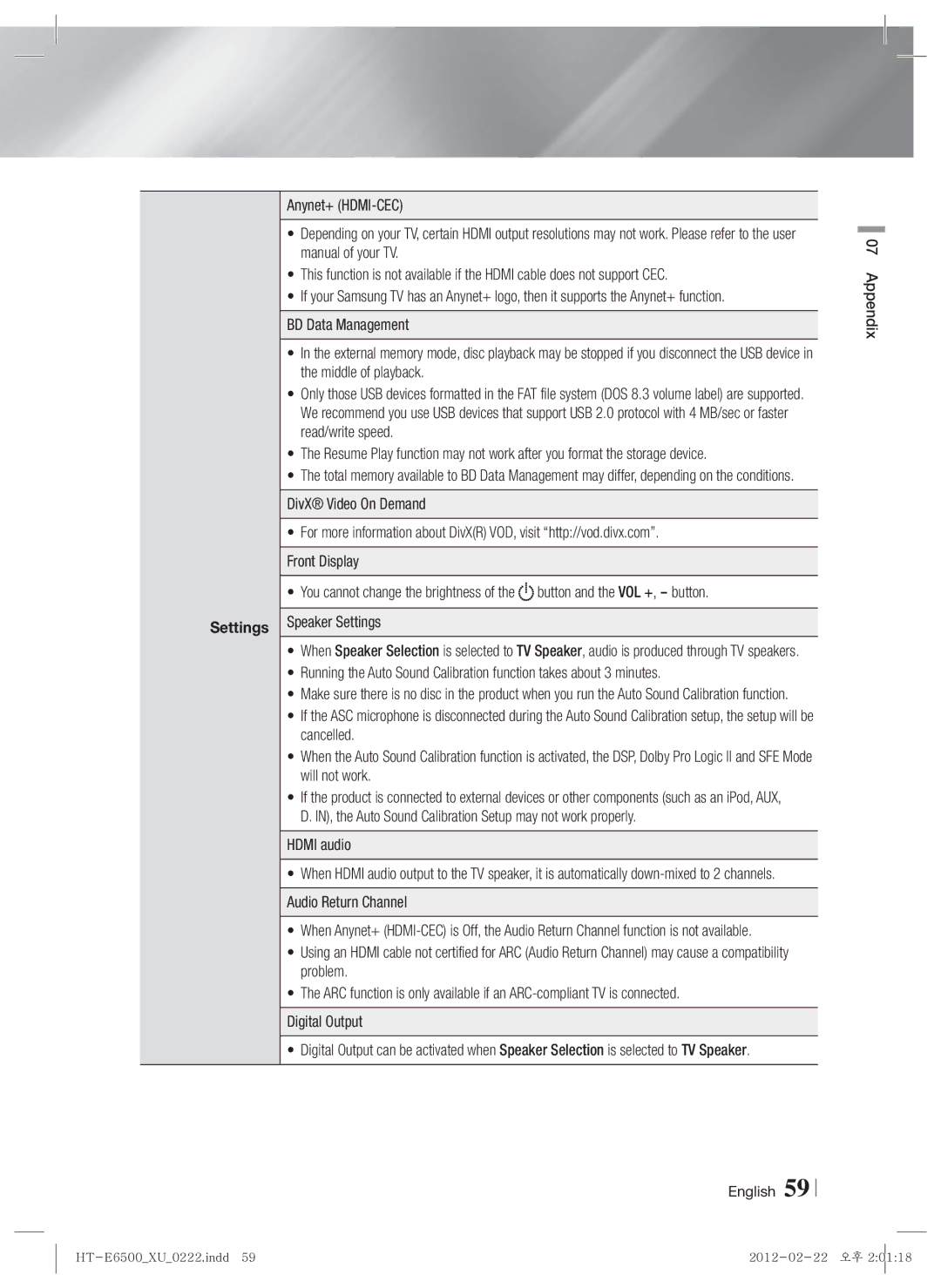 Samsung HT-E6500/XE, HT-E6500/XN, HT-E6500/EN manual Settings 