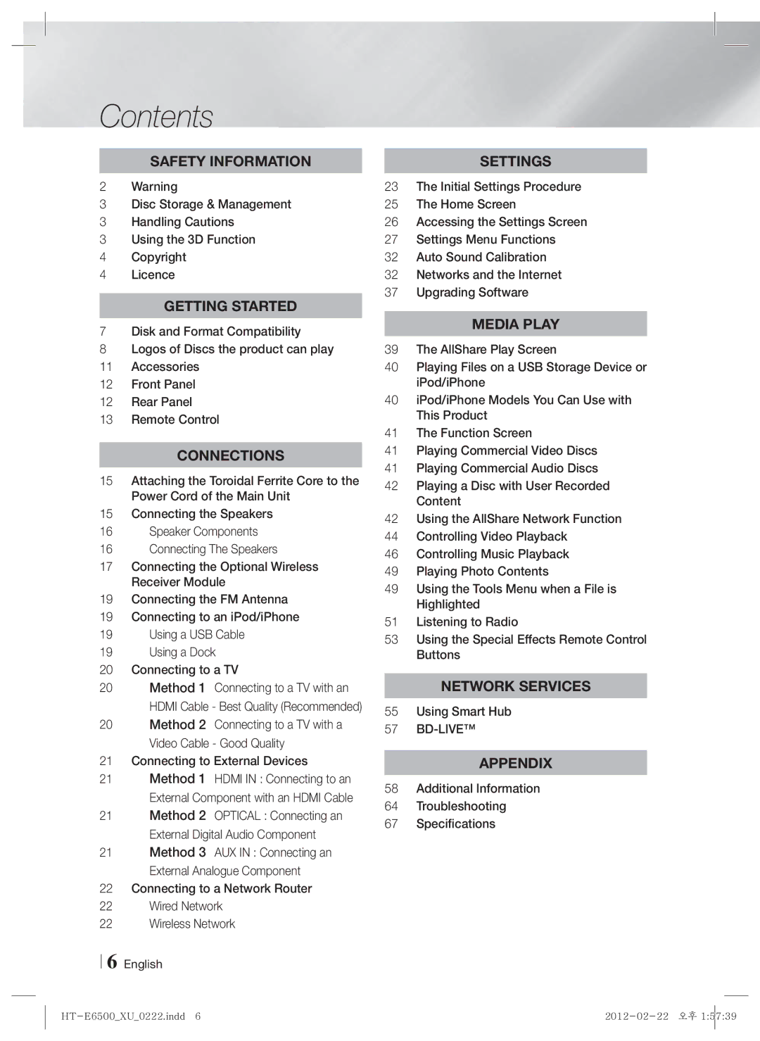 Samsung HT-E6500/XN, HT-E6500/EN, HT-E6500/XE manual Contents 