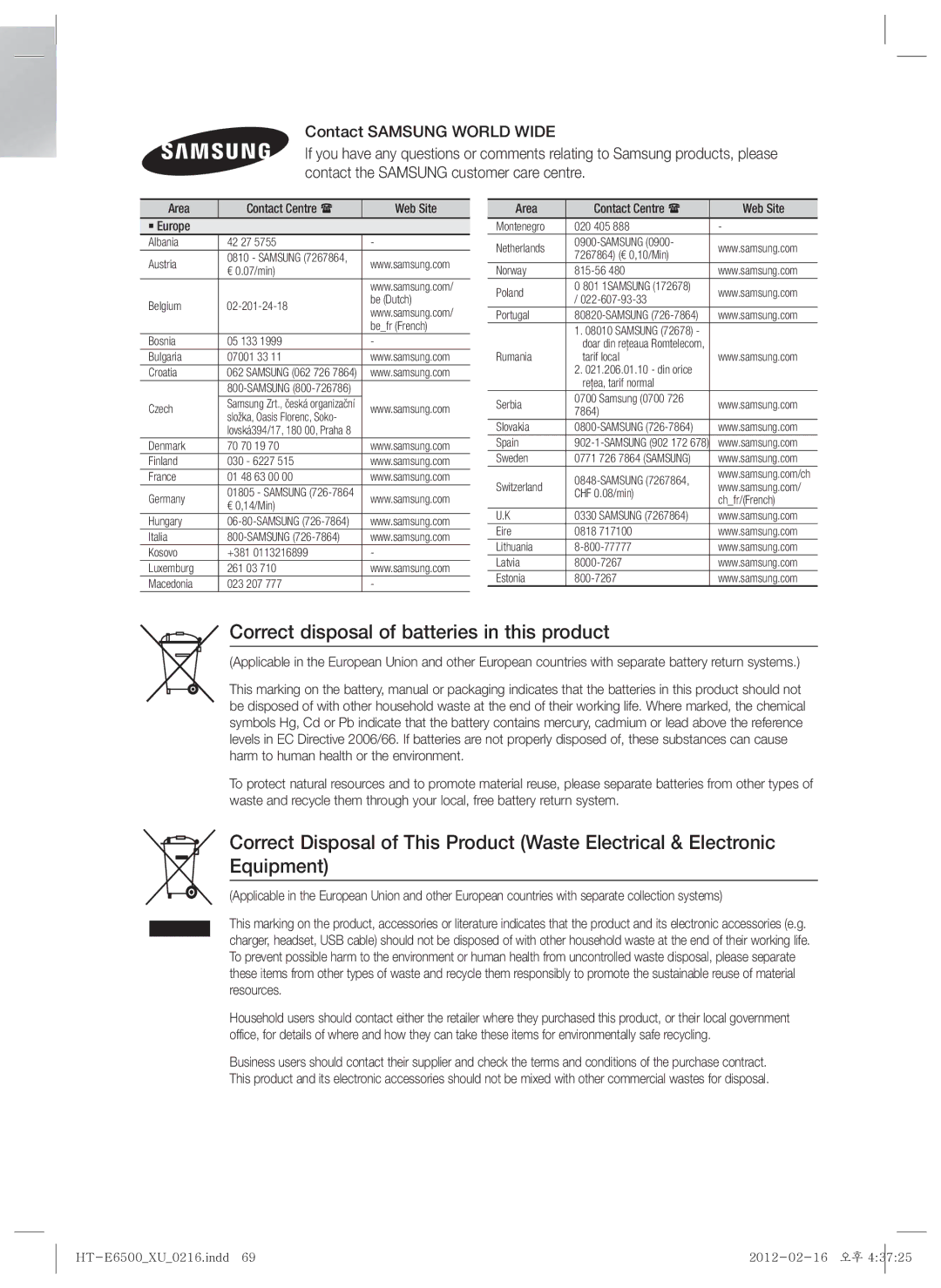 Samsung HT-E6500/XN, HT-E6500/EN Correct disposal of batteries in this product, Area Contact Centre  Web Site ` Europe 