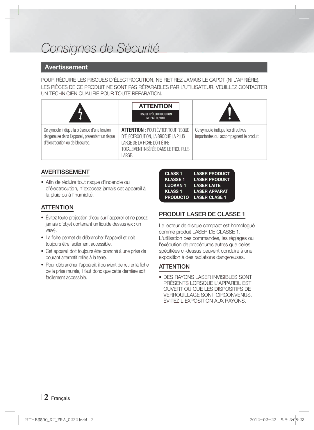 Samsung HT-E6500/XE, HT-E6500/XN Consignes de Sécurité, Avertissement, Large, ’électrocution ou de blessures, Français 