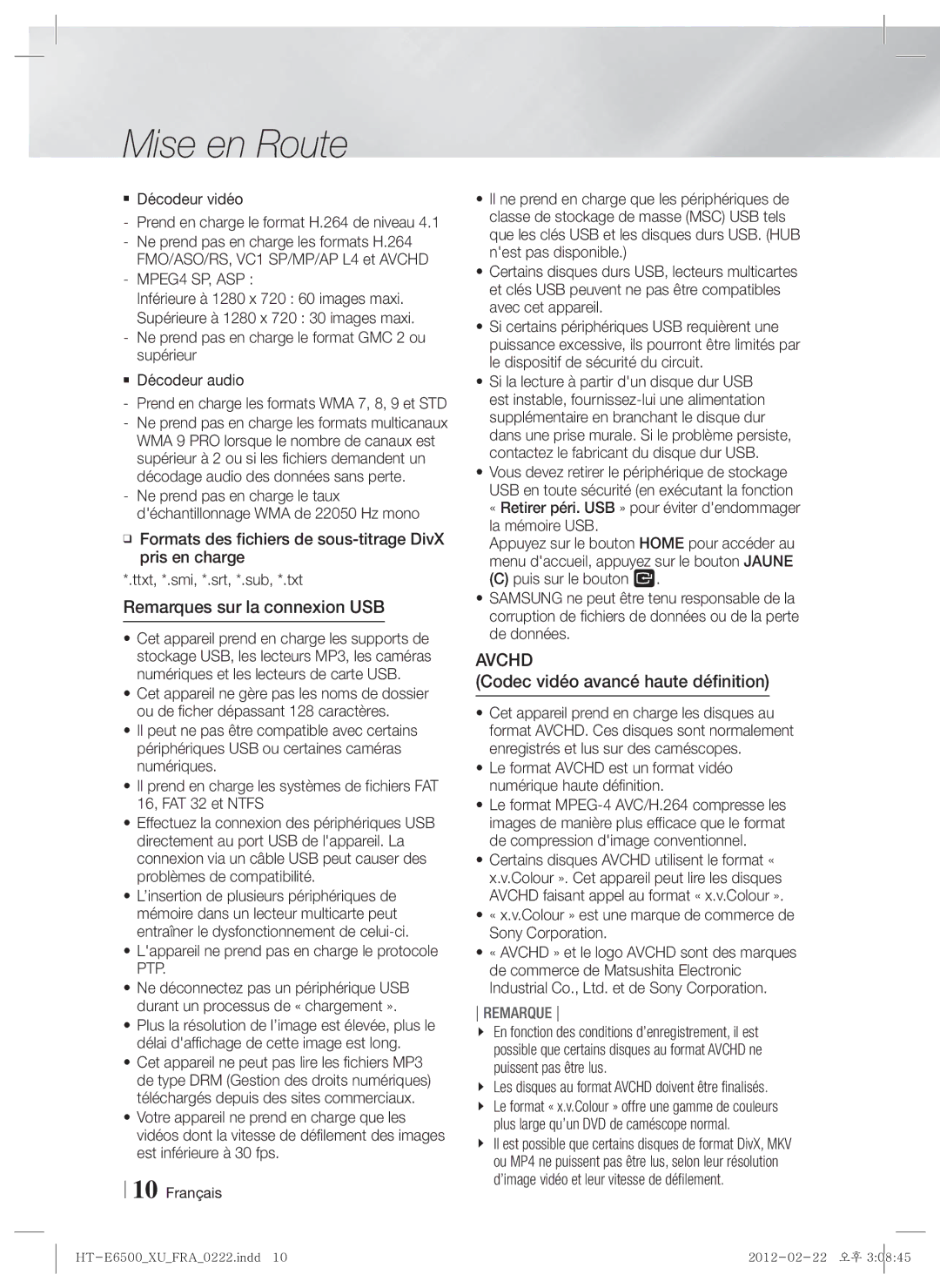 Samsung HT-E6500/EN, HT-E6500/XN, HT-E6500/XE manual Remarques sur la connexion USB, Codec vidéo avancé haute définition 