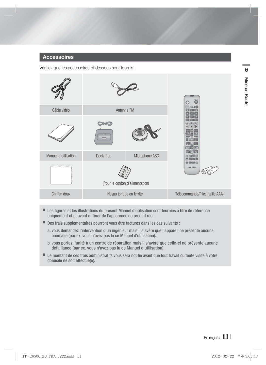 Samsung HT-E6500/XE manual Accessoires, Vérifiez que les accessoires ci-dessous sont fournis, Dock iPod Microphone ASC 