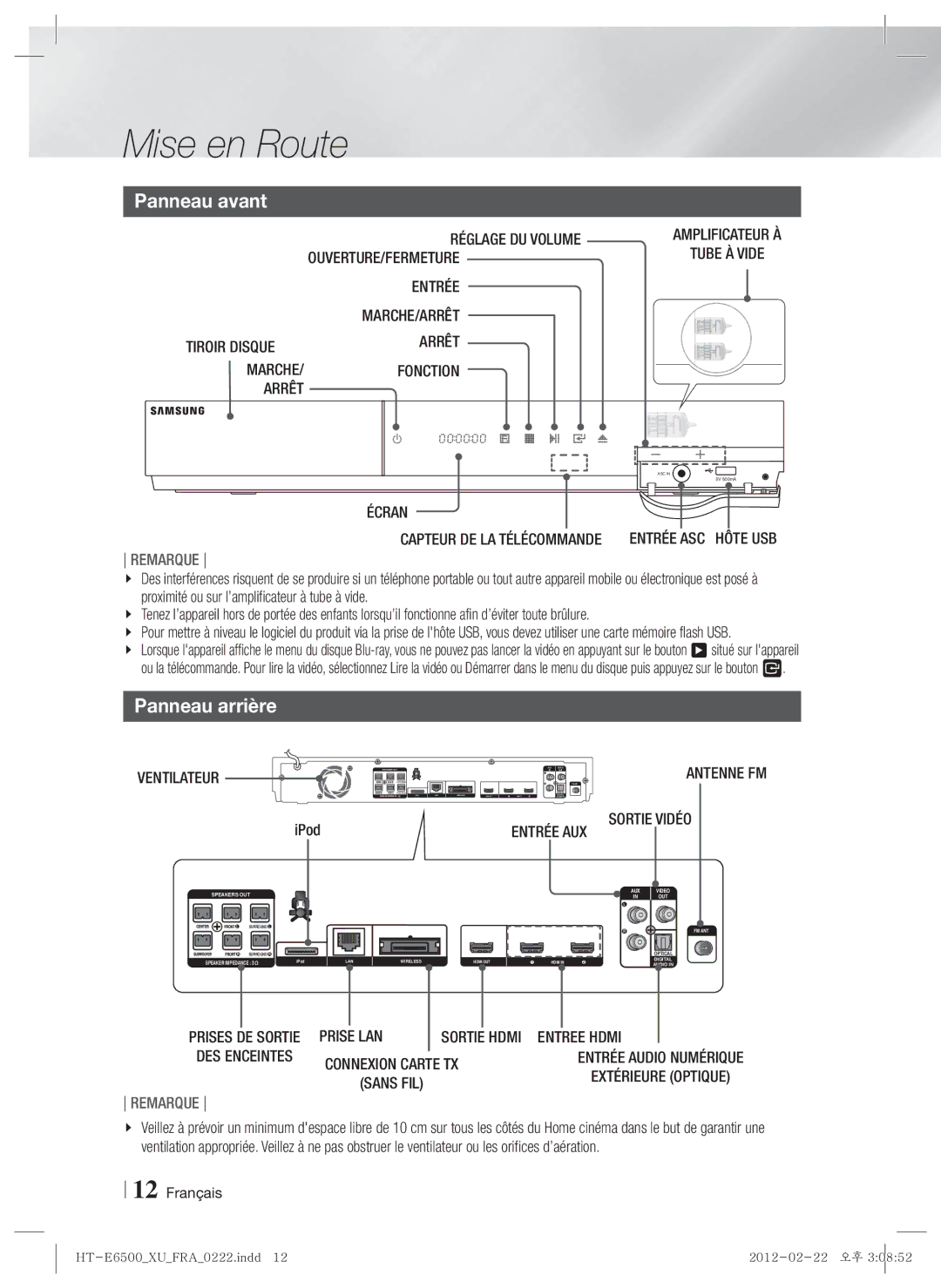 Samsung HT-E6500/XN, HT-E6500/EN, HT-E6500/XE manual Panneau avant, Panneau arrière 