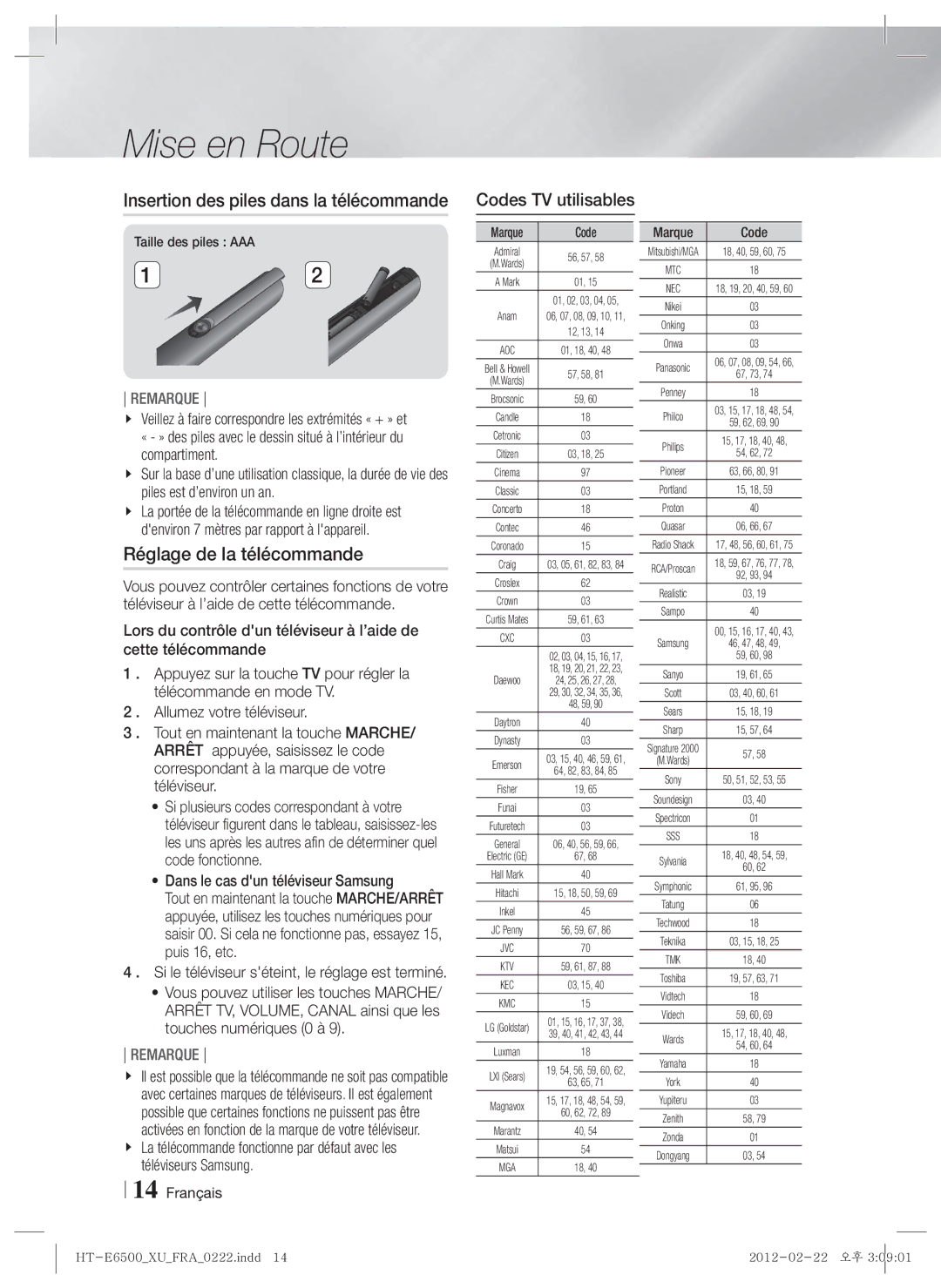 Samsung HT-E6500/XE manual Réglage de la télécommande, Insertion des piles dans la télécommande, Codes TV utilisables 