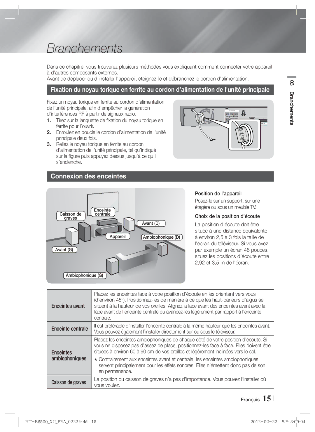 Samsung HT-E6500/XN, HT-E6500/EN, HT-E6500/XE manual Branchements, Connexion des enceintes 