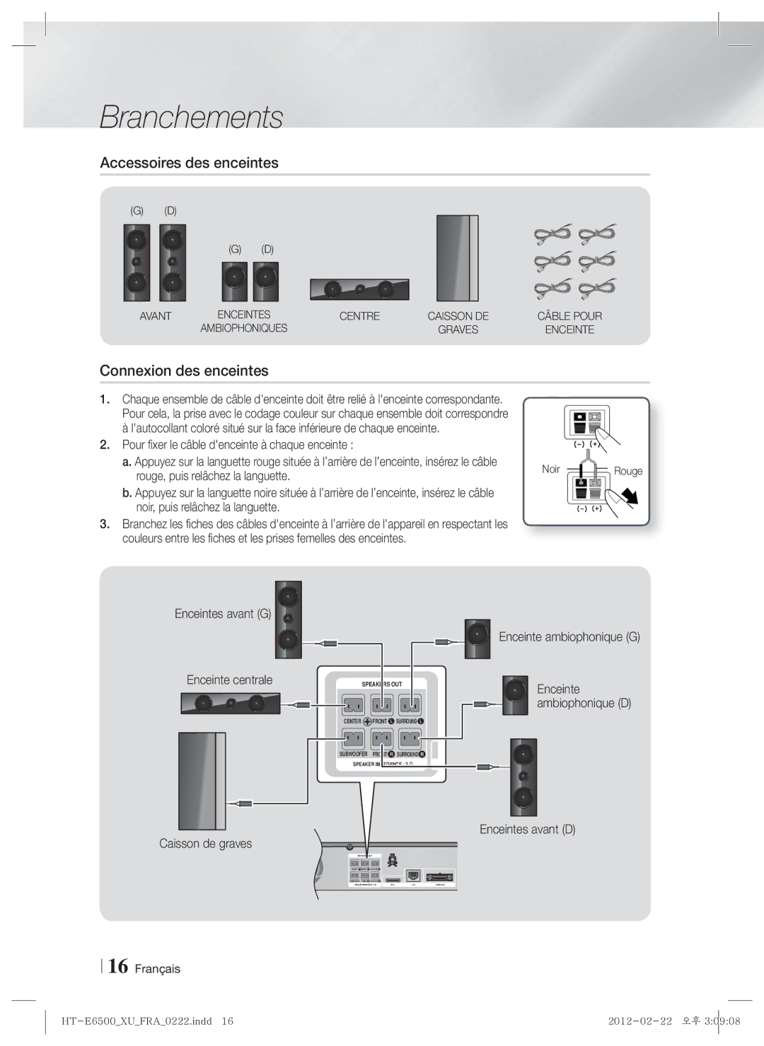 Samsung HT-E6500/EN, HT-E6500/XN, HT-E6500/XE manual Accessoires des enceintes, Connexion des enceintes, Enceinte centrale 