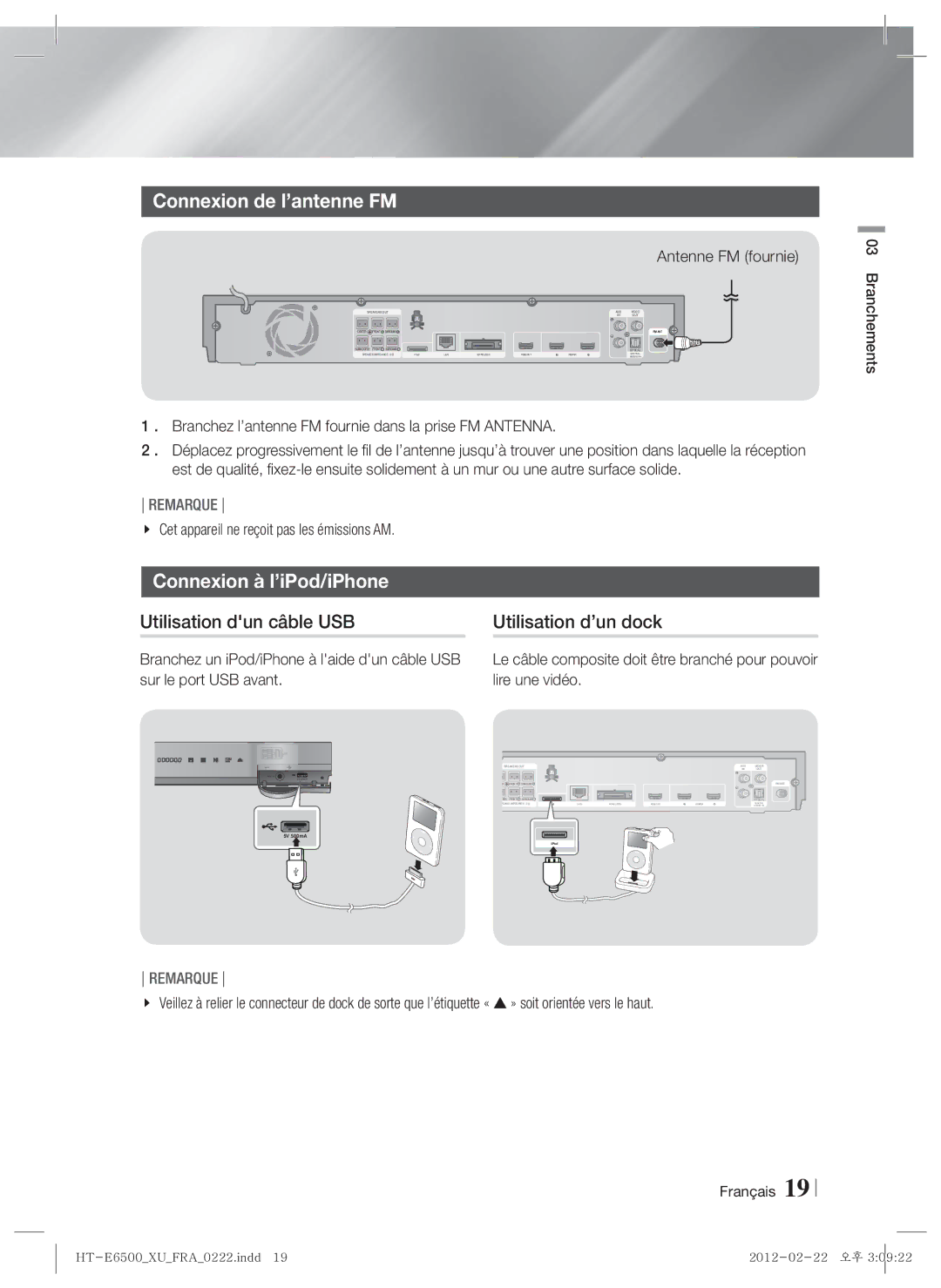 Samsung HT-E6500/EN Connexion de l’antenne FM, Connexion à l’iPod/iPhone, Utilisation dun câble USB, Utilisation d’un dock 