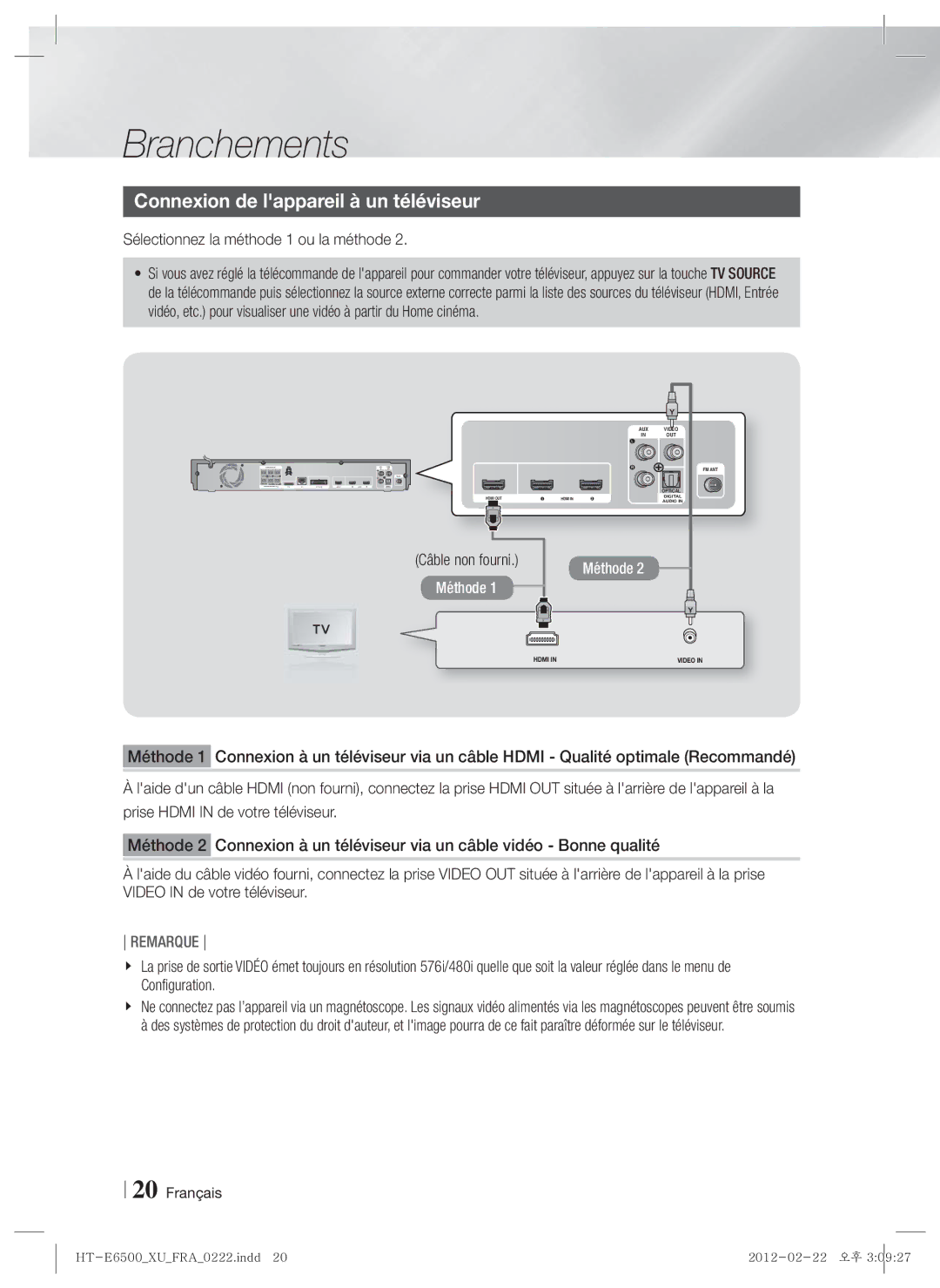 Samsung HT-E6500/XE Connexion de lappareil à un téléviseur, Sélectionnez la méthode 1 ou la méthode, Câble non fourni 