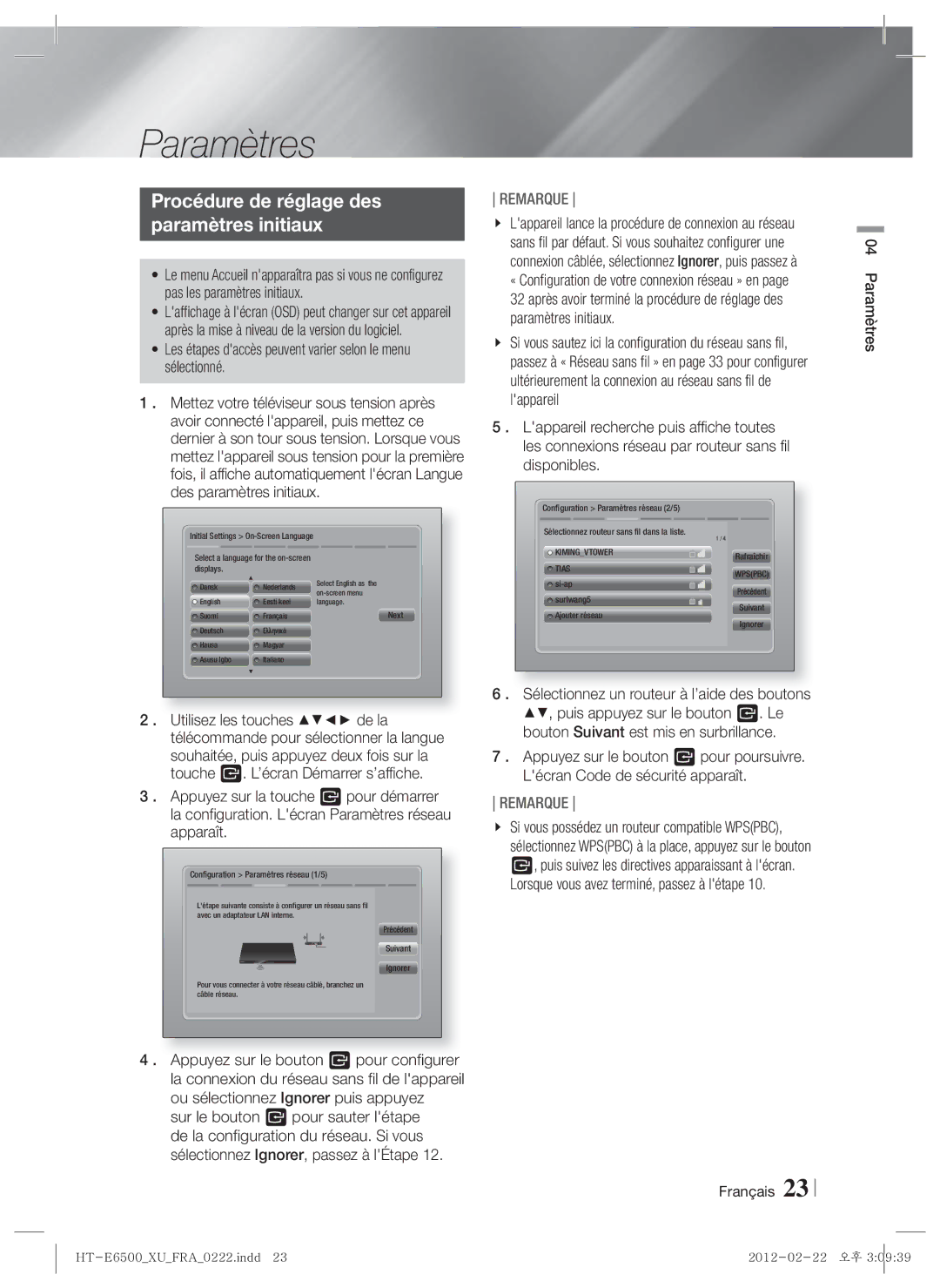 Samsung HT-E6500/XE, HT-E6500/XN, HT-E6500/EN manual Procédure de réglage des Paramètres initiaux 