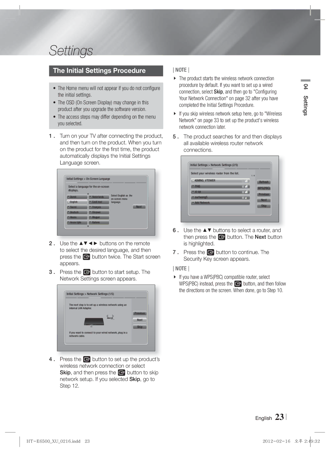 Samsung HT-E6500/XE manual Initial Settings Procedure, Access steps may differ depending on the menu you selected 