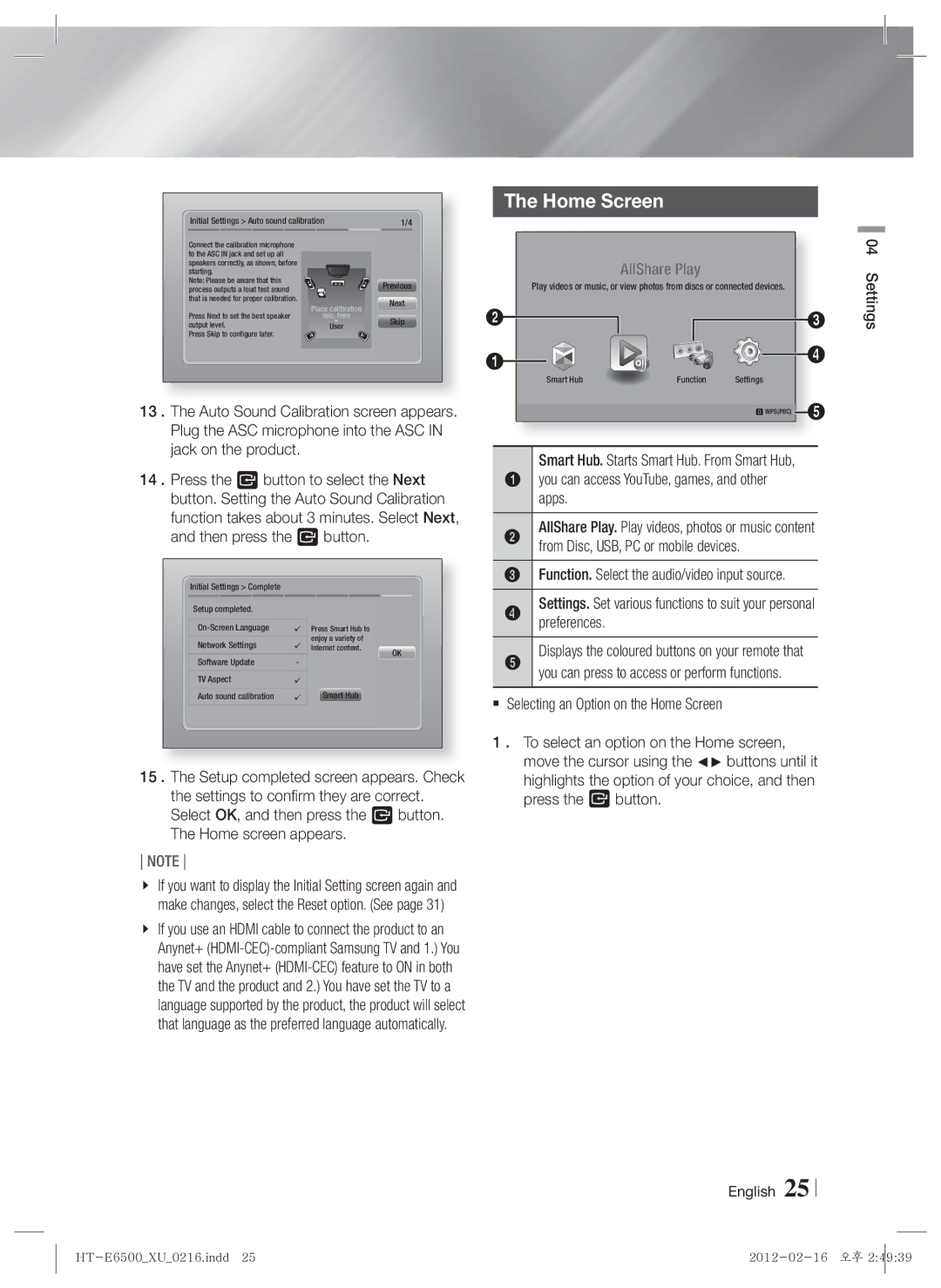 Samsung HT-E6500/EN, HT-E6500/XN, HT-E6500/XE manual Home Screen, Apps, From Disc, USB, PC or mobile devices, Preferences 