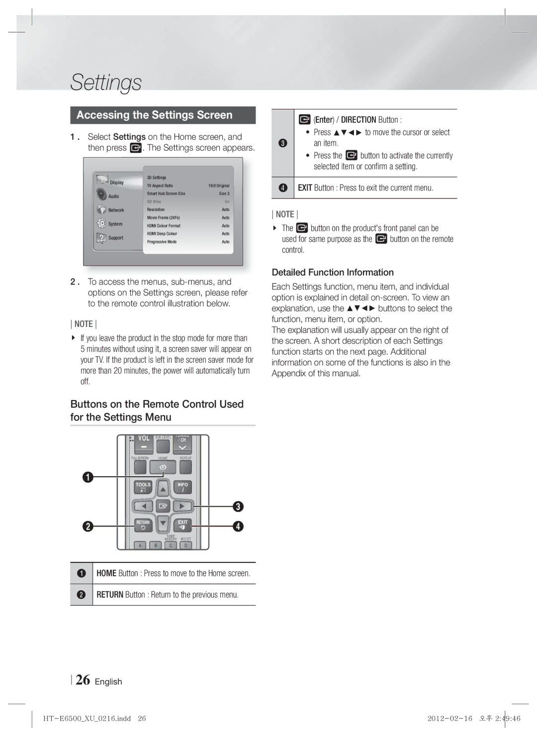 Samsung HT-E6500/XE, HT-E6500/XN Accessing the Settings Screen, Buttons on the Remote Control Used for the Settings Menu 