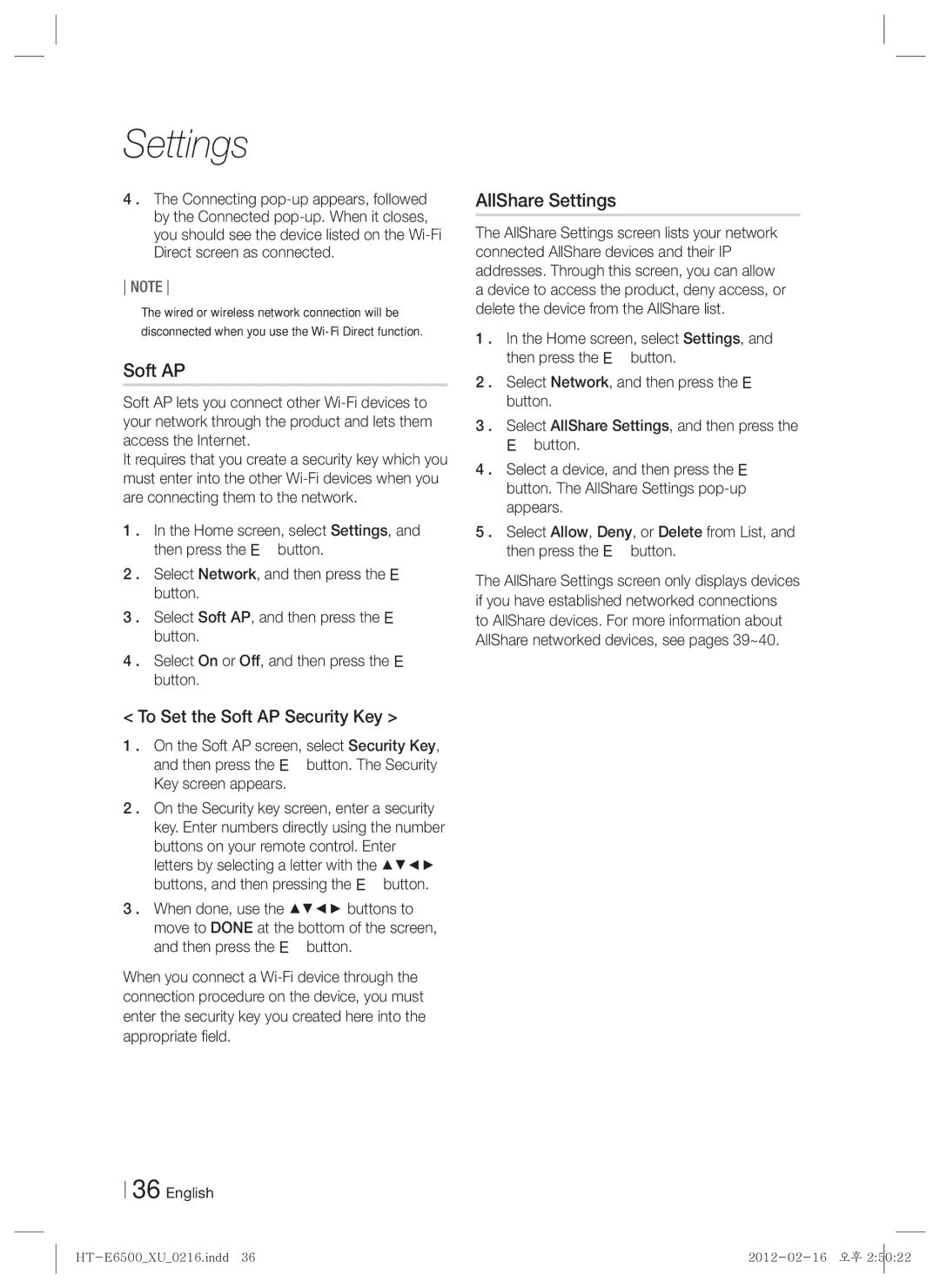 Samsung HT-E6500/XN, HT-E6500/EN, HT-E6500/XE manual AllShare Settings, To Set the Soft AP Security Key 