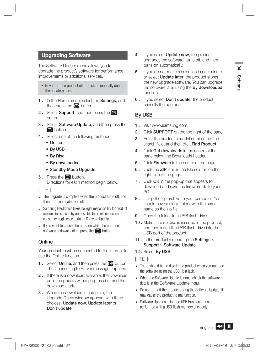 Samsung HT-E6500/EN, HT-E6500/XN, HT-E6500/XE manual Upgrading Software, Online, By USB, Click Support on the top right 