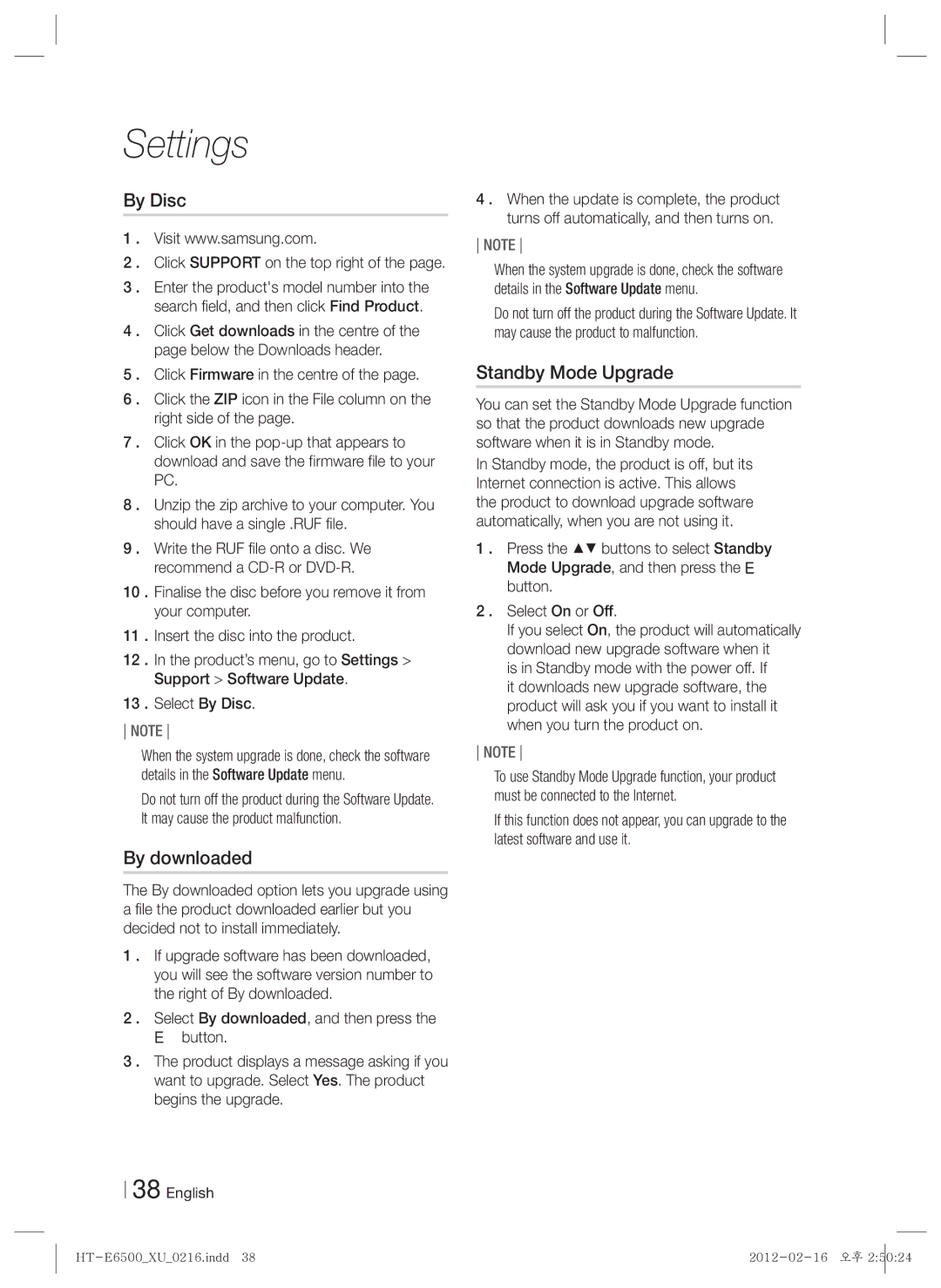 Samsung HT-E6500/XE, HT-E6500/XN, HT-E6500/EN manual By Disc, By downloaded, Standby Mode Upgrade 