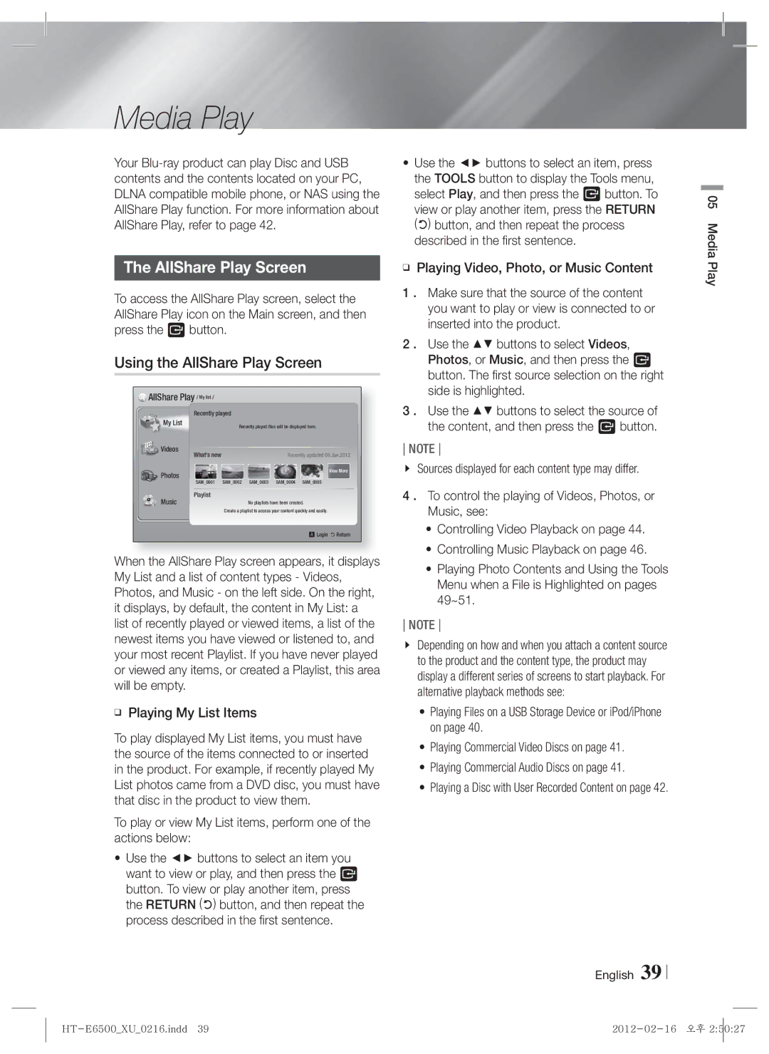 Samsung HT-E6500/XN, HT-E6500/EN, HT-E6500/XE manual Media Play, Using the AllShare Play Screen, Playing My List Items 