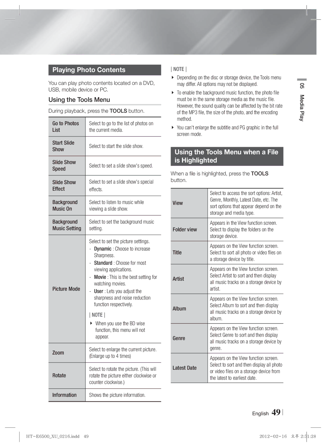 Samsung HT-E6500/EN, HT-E6500/XN, HT-E6500/XE manual Playing Photo Contents, Using the Tools Menu when a File Is Highlighted 