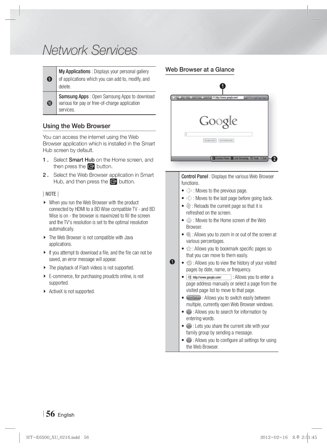 Samsung HT-E6500/XE, HT-E6500/XN, HT-E6500/EN manual Using the Web Browser, Web Browser at a Glance 