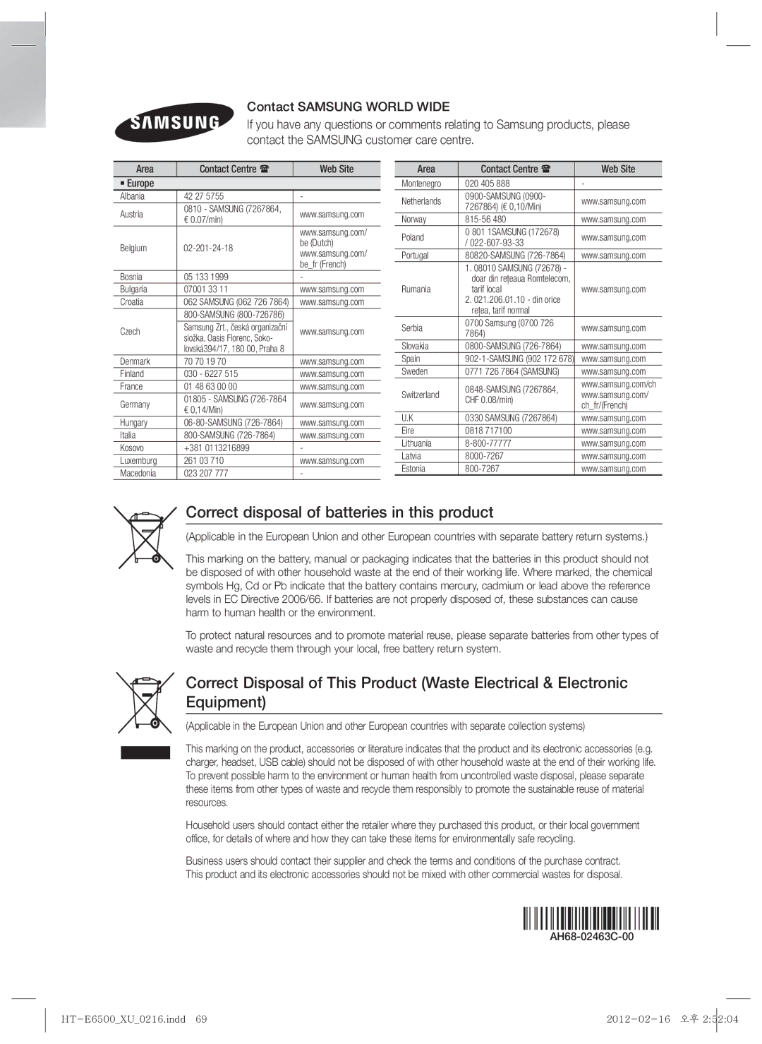 Samsung HT-E6500/XN Correct disposal of batteries in this product, Area Contact Centre  Web Site ` Europe, AH68-02463C-00 