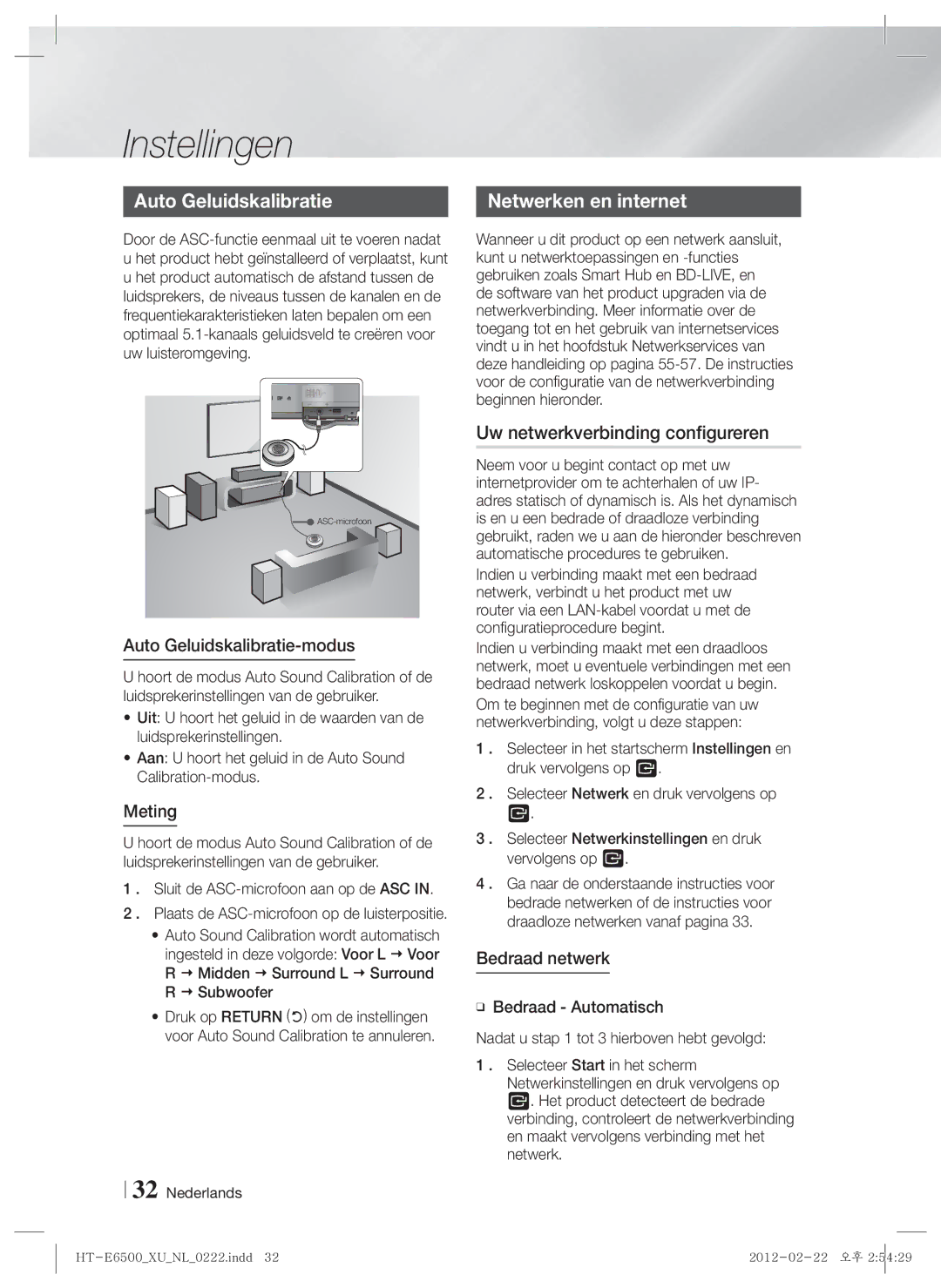 Samsung HT-E6500/EN manual Uw netwerkverbinding configureren, Auto Geluidskalibratie-modus, Meting, Bedraad netwerk 