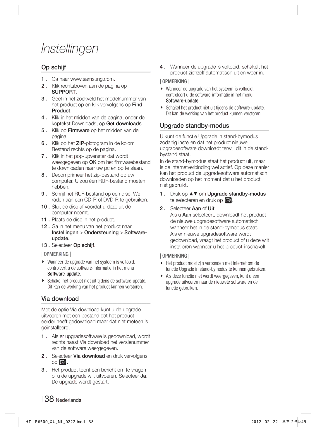 Samsung HT-E6500/EN, HT-E6500/XN manual Op schijf, Via download, Upgrade standby-modus 