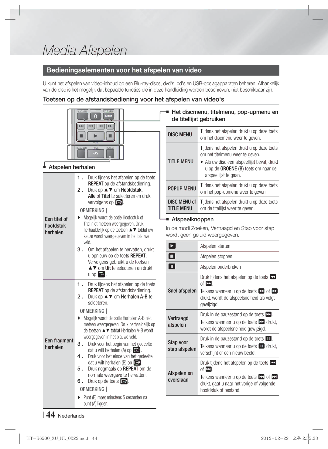 Samsung HT-E6500/EN, HT-E6500/XN manual Bedieningselementen voor het afspelen van video 