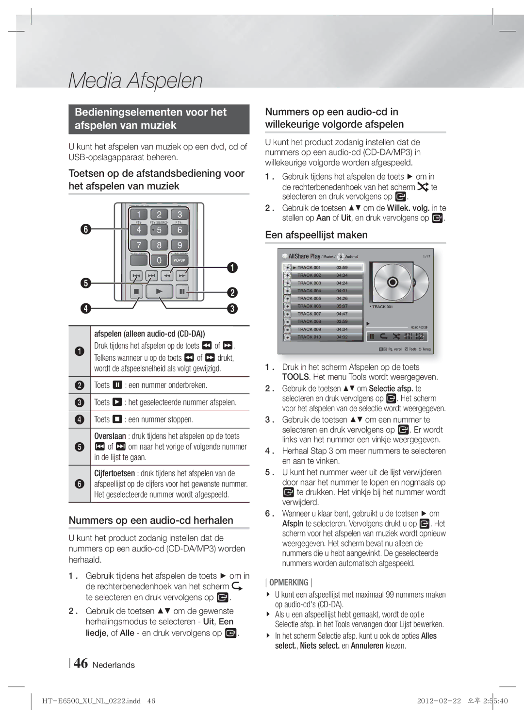 Samsung HT-E6500/EN, HT-E6500/XN manual Bedieningselementen voor het Afspelen van muziek, Nummers op een audio-cd herhalen 