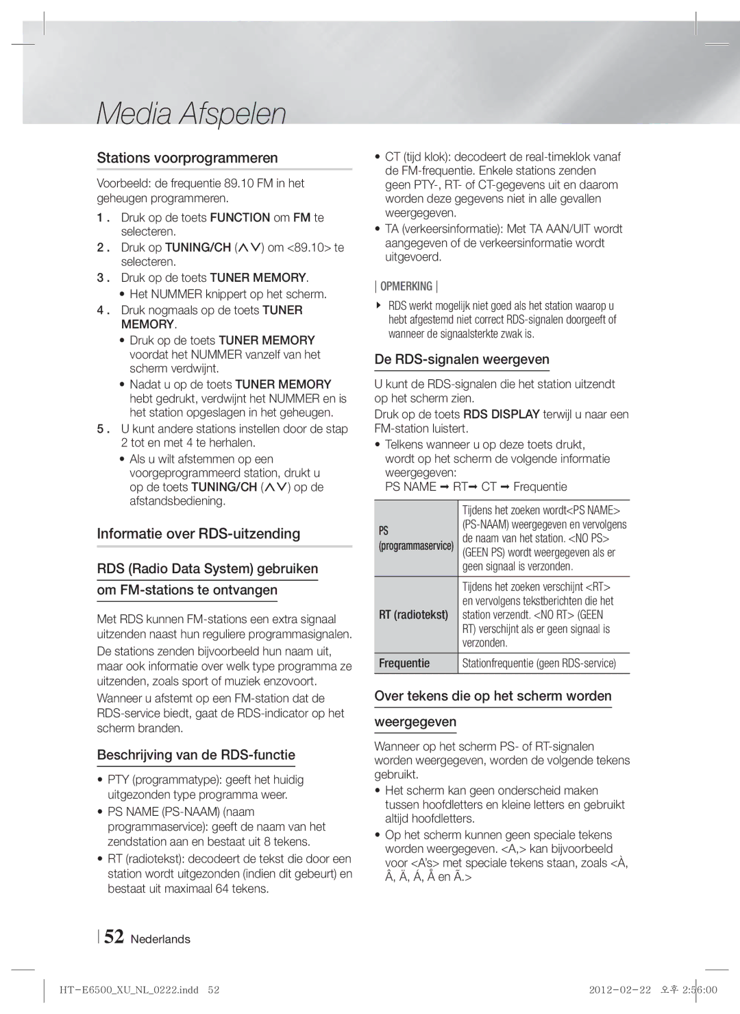 Samsung HT-E6500/EN, HT-E6500/XN manual Stations voorprogrammeren, Informatie over RDS-uitzending 