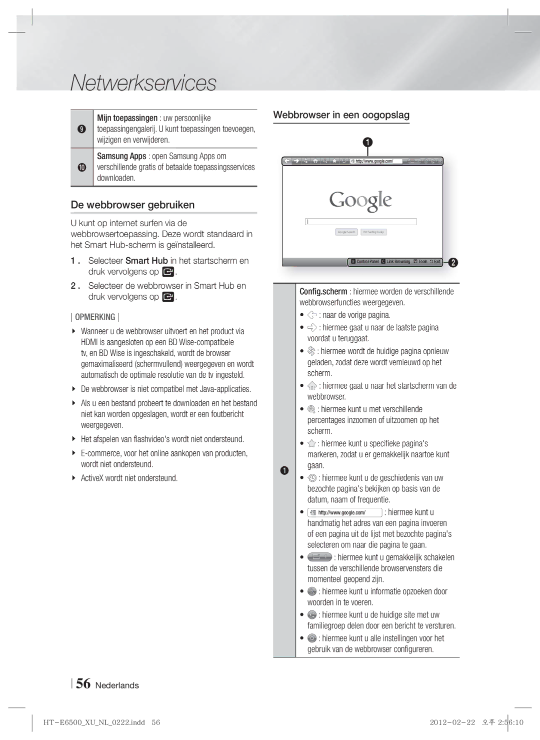 Samsung HT-E6500/EN, HT-E6500/XN De webbrowser gebruiken, Webbrowser in een oogopslag, Mijn toepassingen uw persoonlijke 