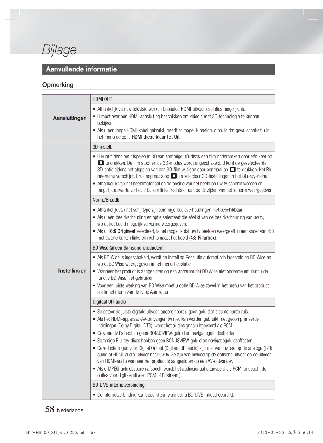 Samsung HT-E6500/EN, HT-E6500/XN manual Bijlage, Aanvullende informatie, Opmerking, BD Wise alleen Samsung-producten 