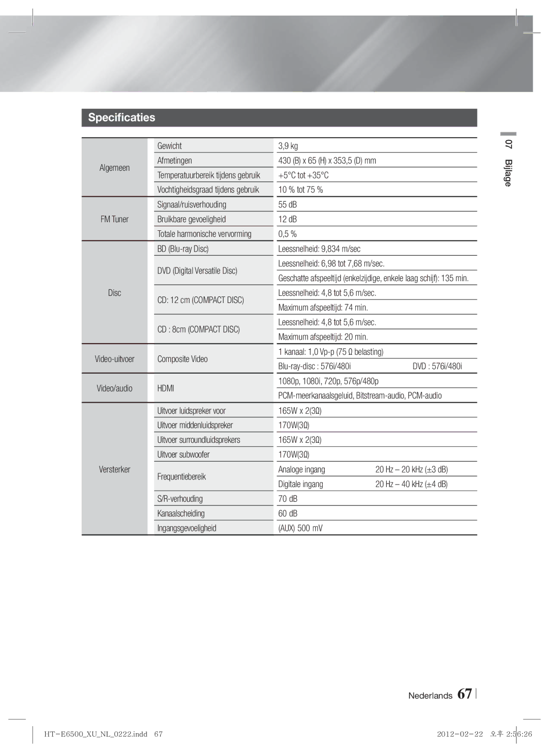 Samsung HT-E6500/XN, HT-E6500/EN manual Specificaties 