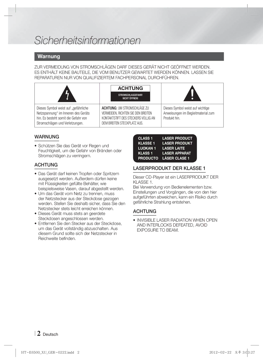 Samsung HT-E6500/XN manual Sicherheitsinformationen, Warnung, Dieser CD-Player ist ein Laserprodukt DER Klasse, Produkt hin 