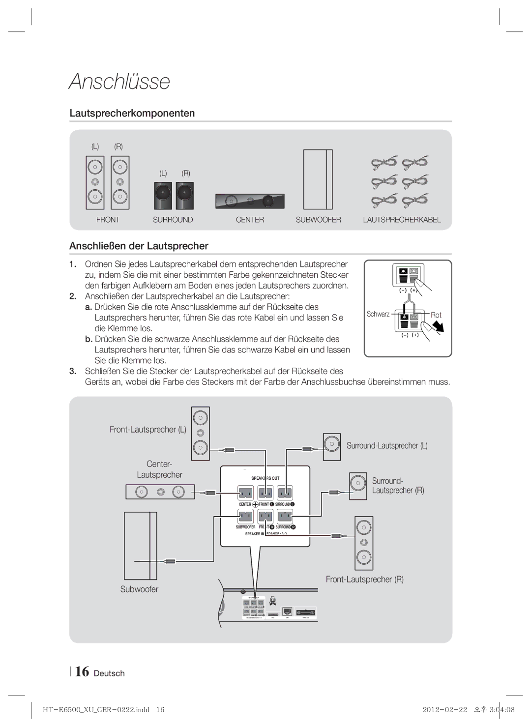 Samsung HT-E6500/XN, HT-E6500/EN Lautsprecherkomponenten, Anschließen der Lautsprecher, Front-Lautsprecher L, Surround 