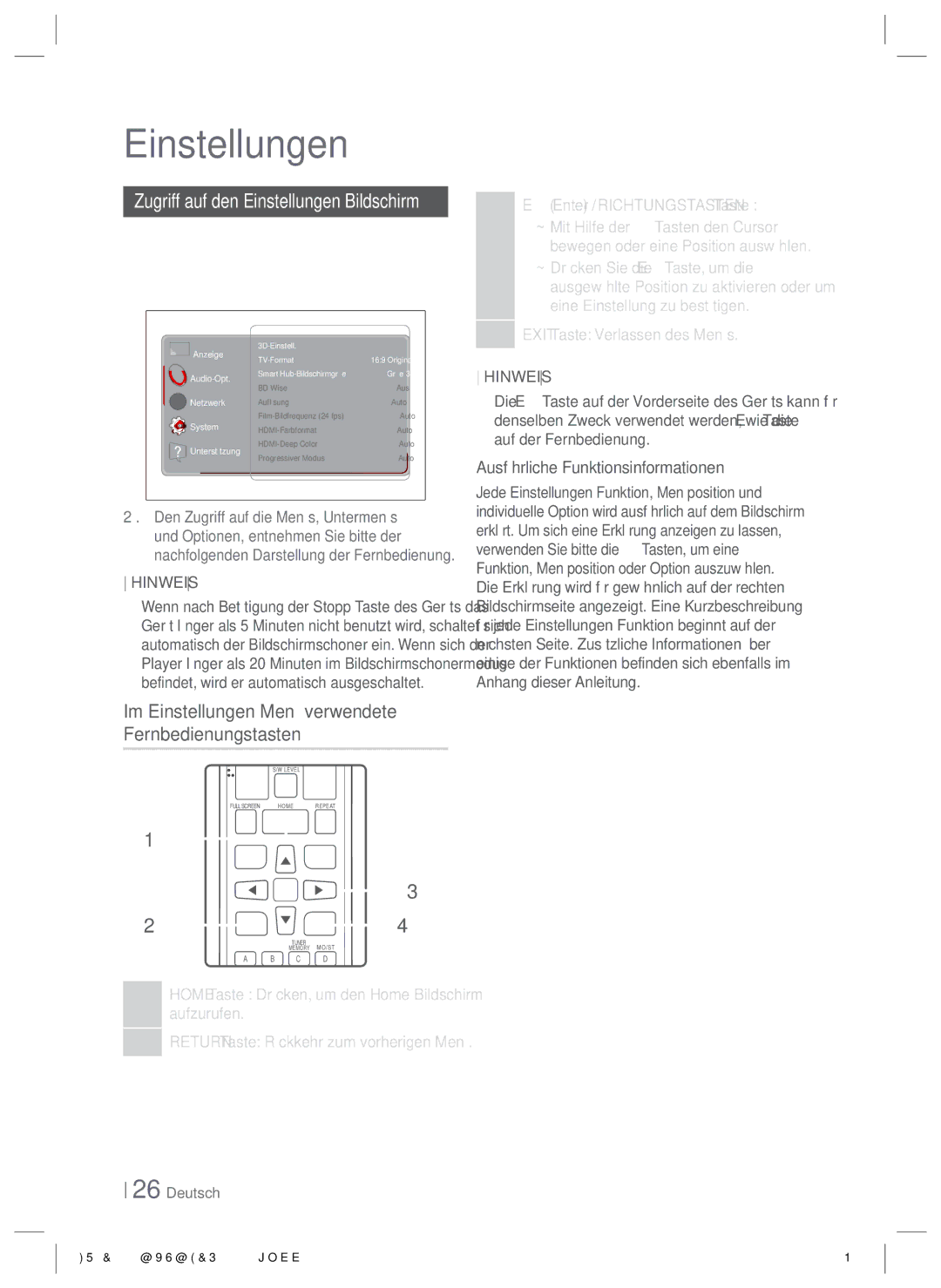 Samsung HT-E6500/XN, HT-E6500/EN manual Im Einstellungen Menü verwendete Fernbedienungstasten 