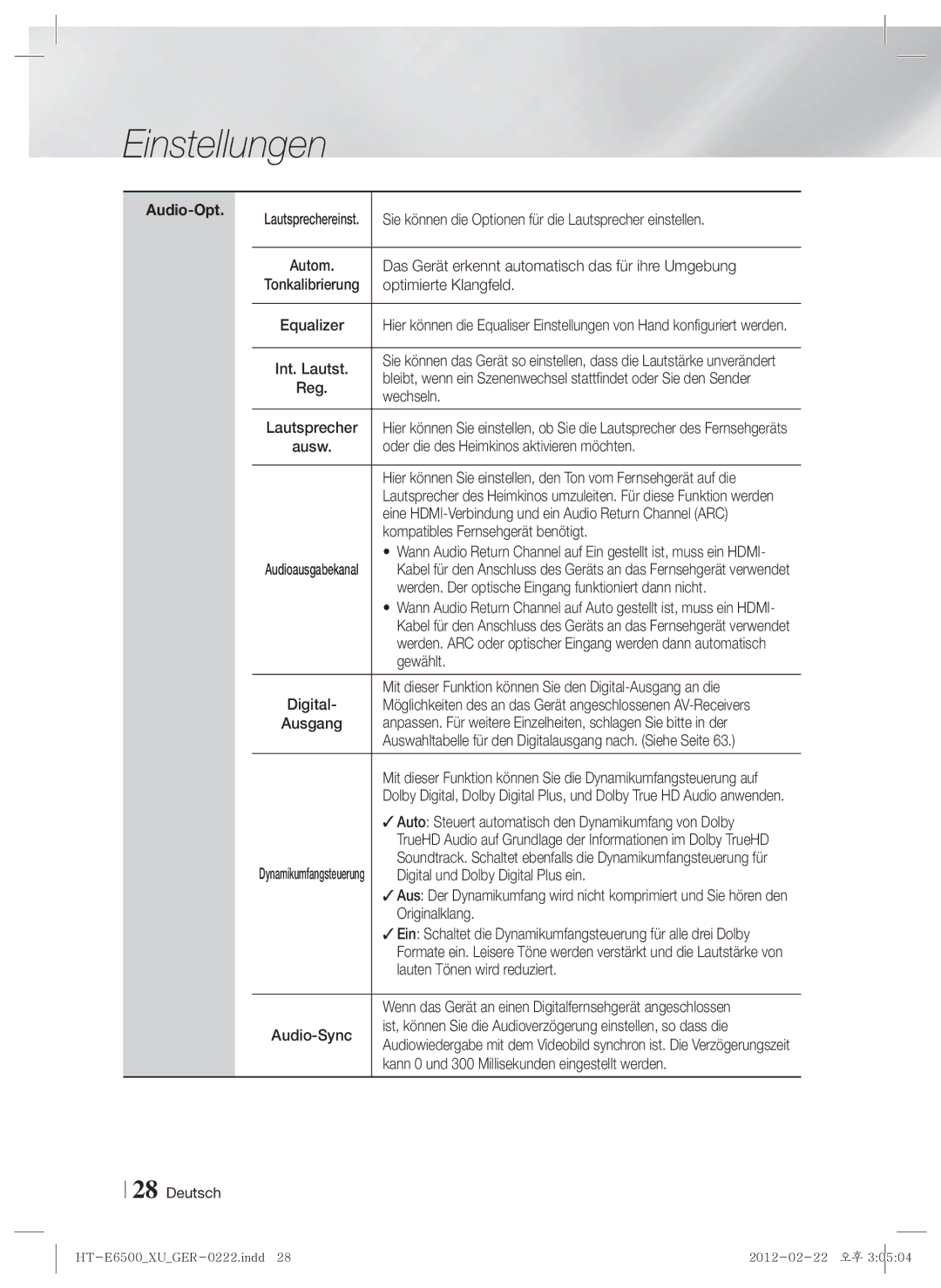 Samsung HT-E6500/XN, HT-E6500/EN manual Audio-Opt 